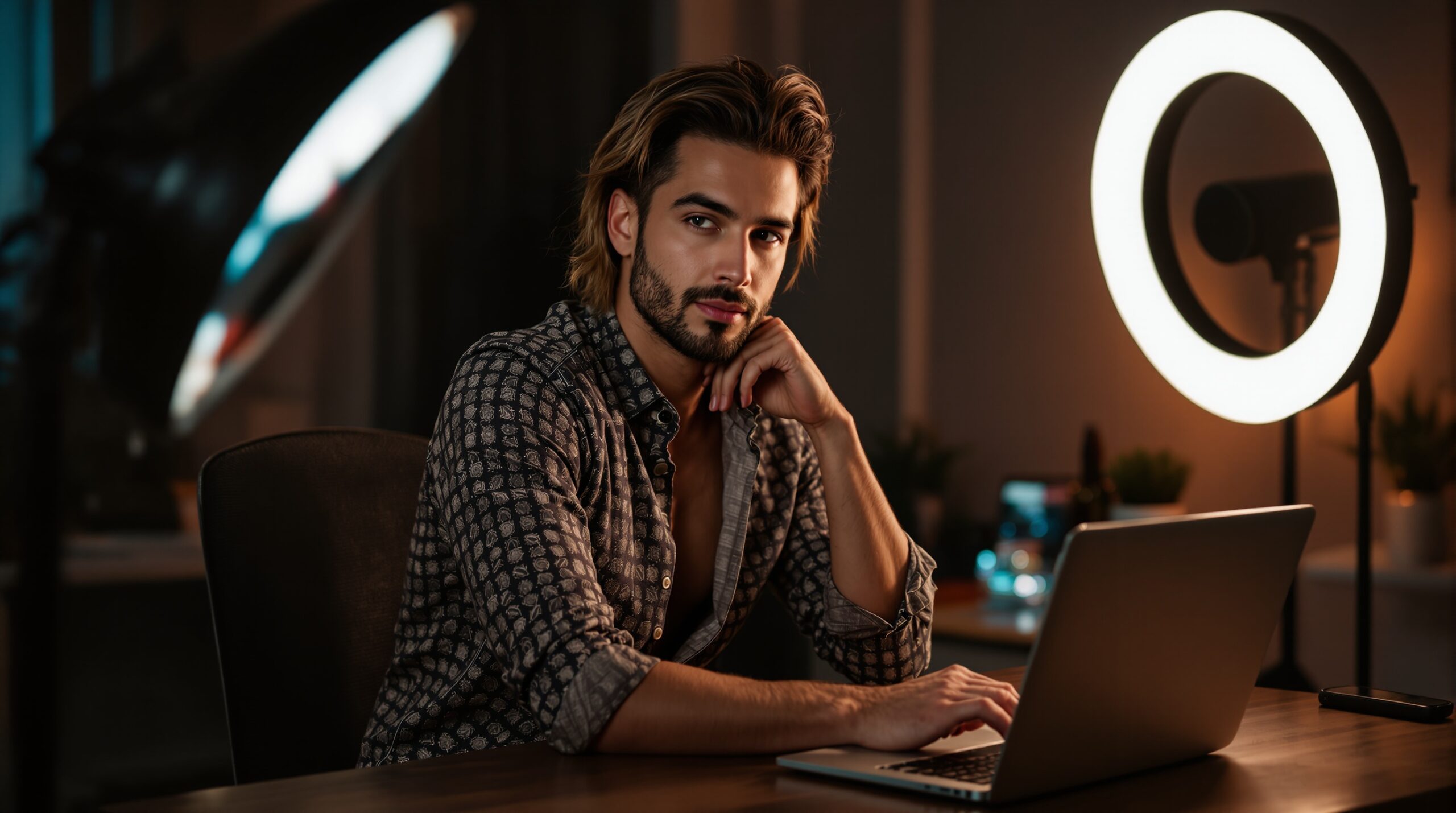 Confident male creator portrait in a stylish room, reflecting the performance style that can influence cam earnings.