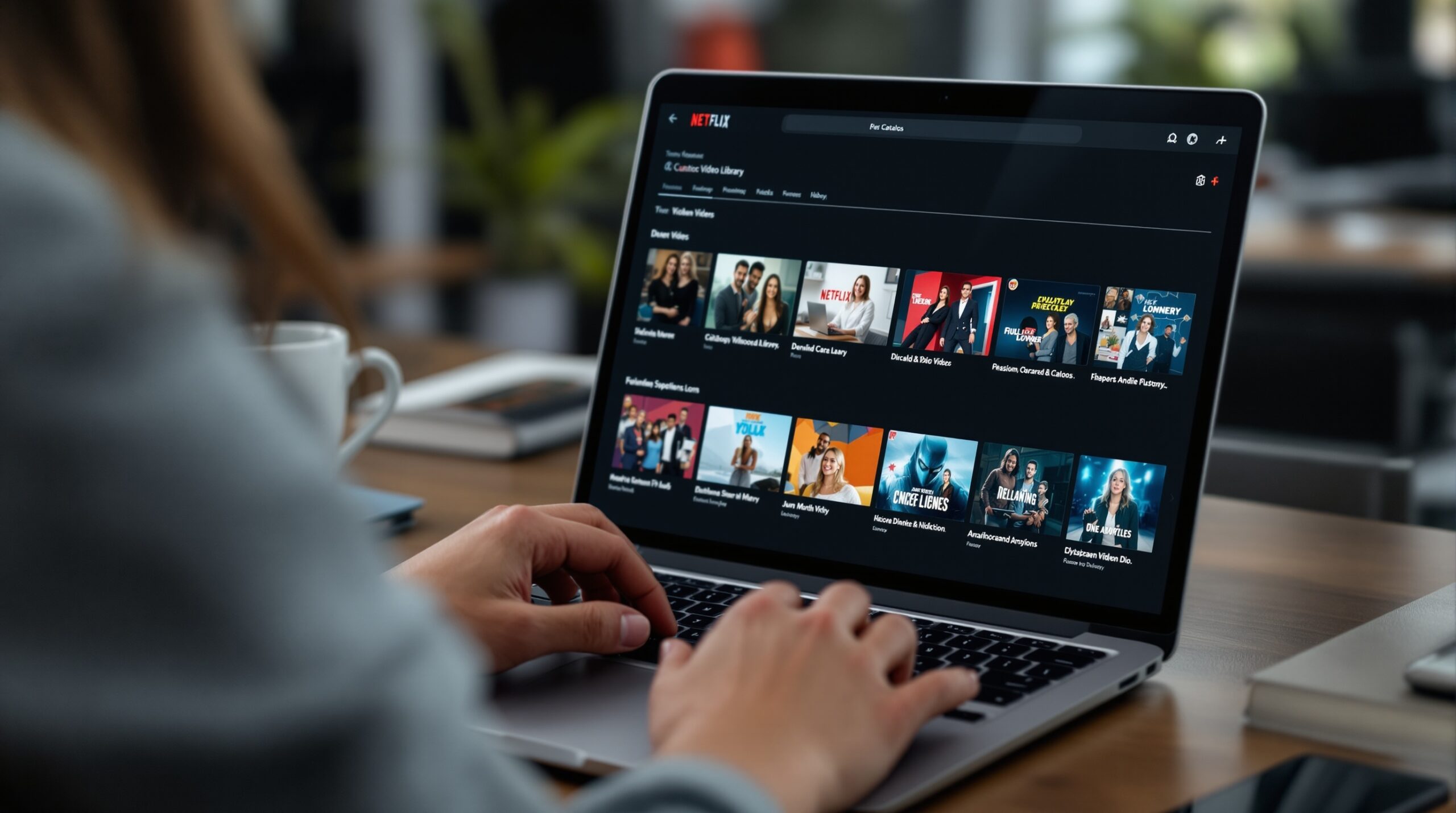 A curated video library interface on a laptop, illustrating catalog organization for a Netflix-style streaming service.