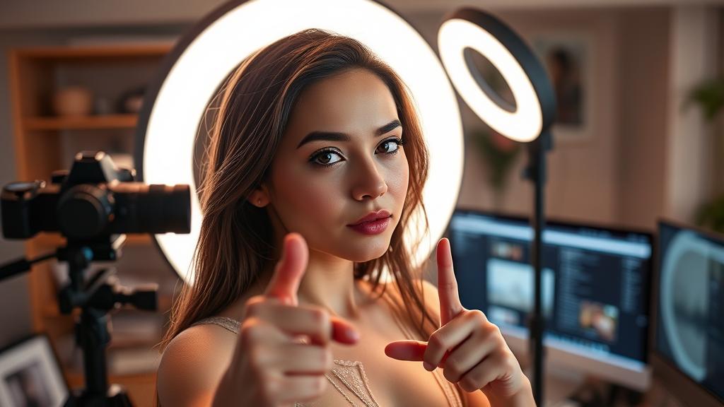 Creator studio with ring light and camera setup for selling adult content online.
