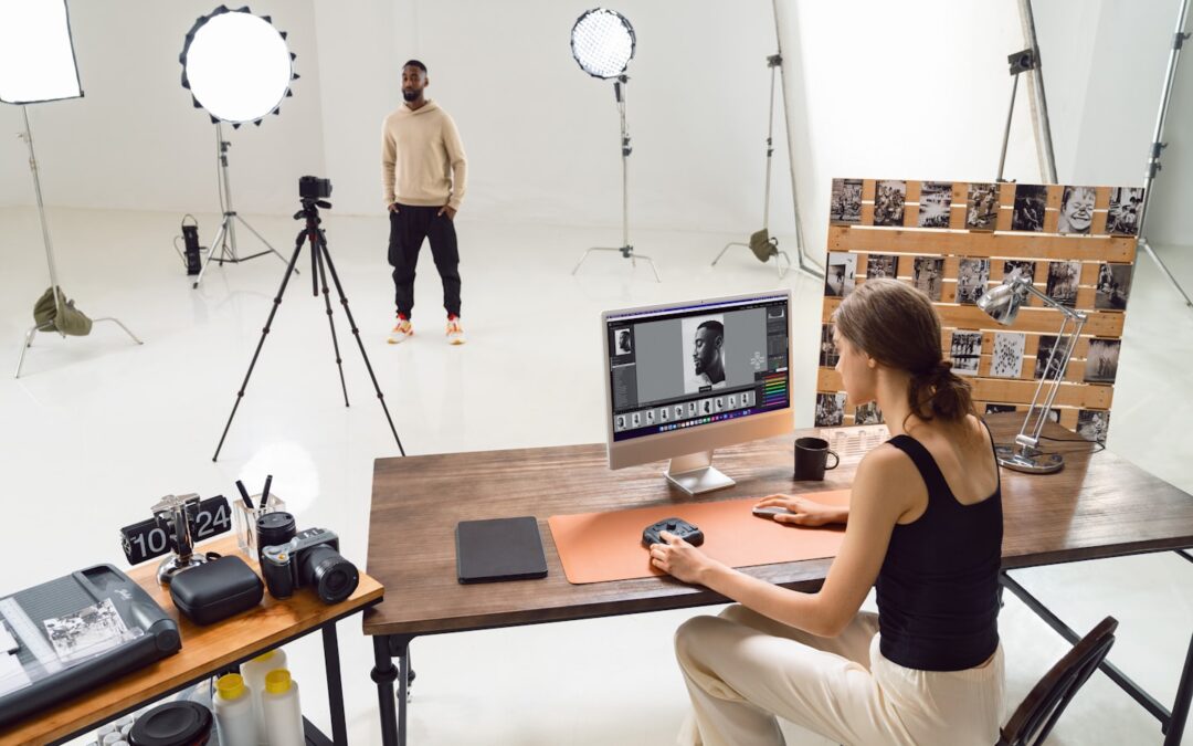 Professional webcam model in a stylish home studio with ring light and streaming setup