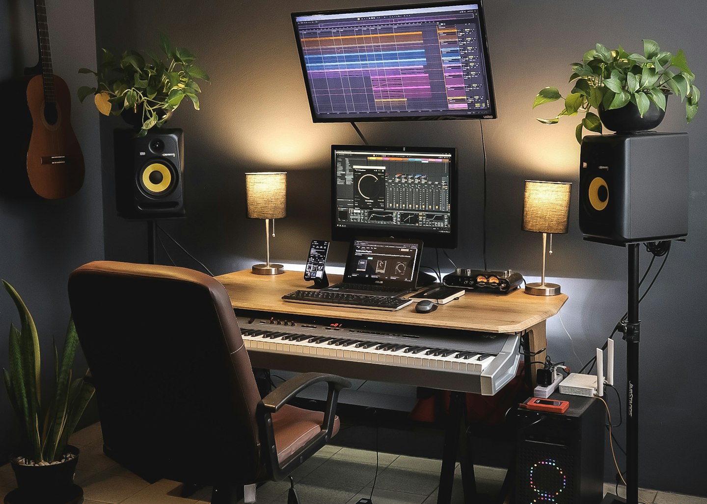 A polished home studio setup for launching a webcam platform with lights, monitor, and creator workspace