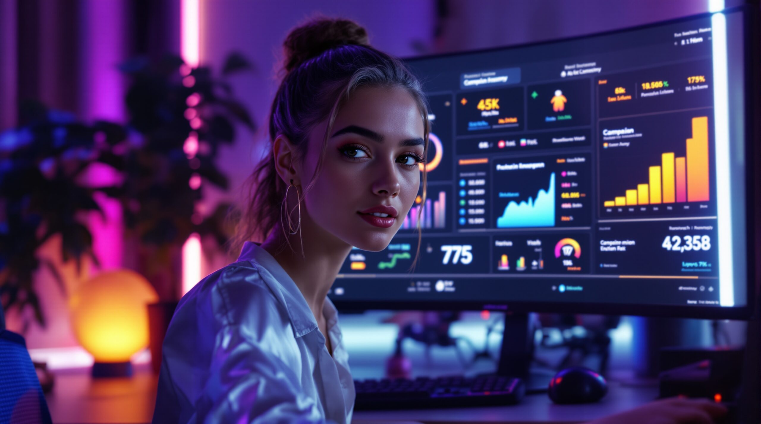An analytics dashboard on a monitor showing campaign performance metrics and viewer engagement data
