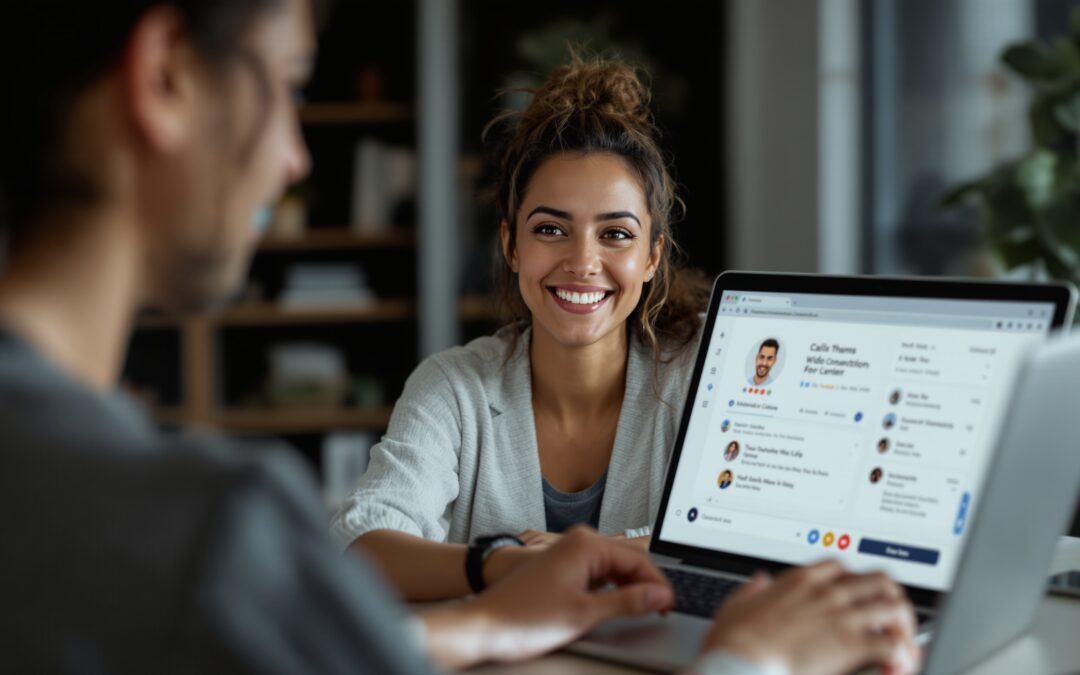 Founder reviewing a video call app with scheduling and call workflow on a laptop in a modern workspace