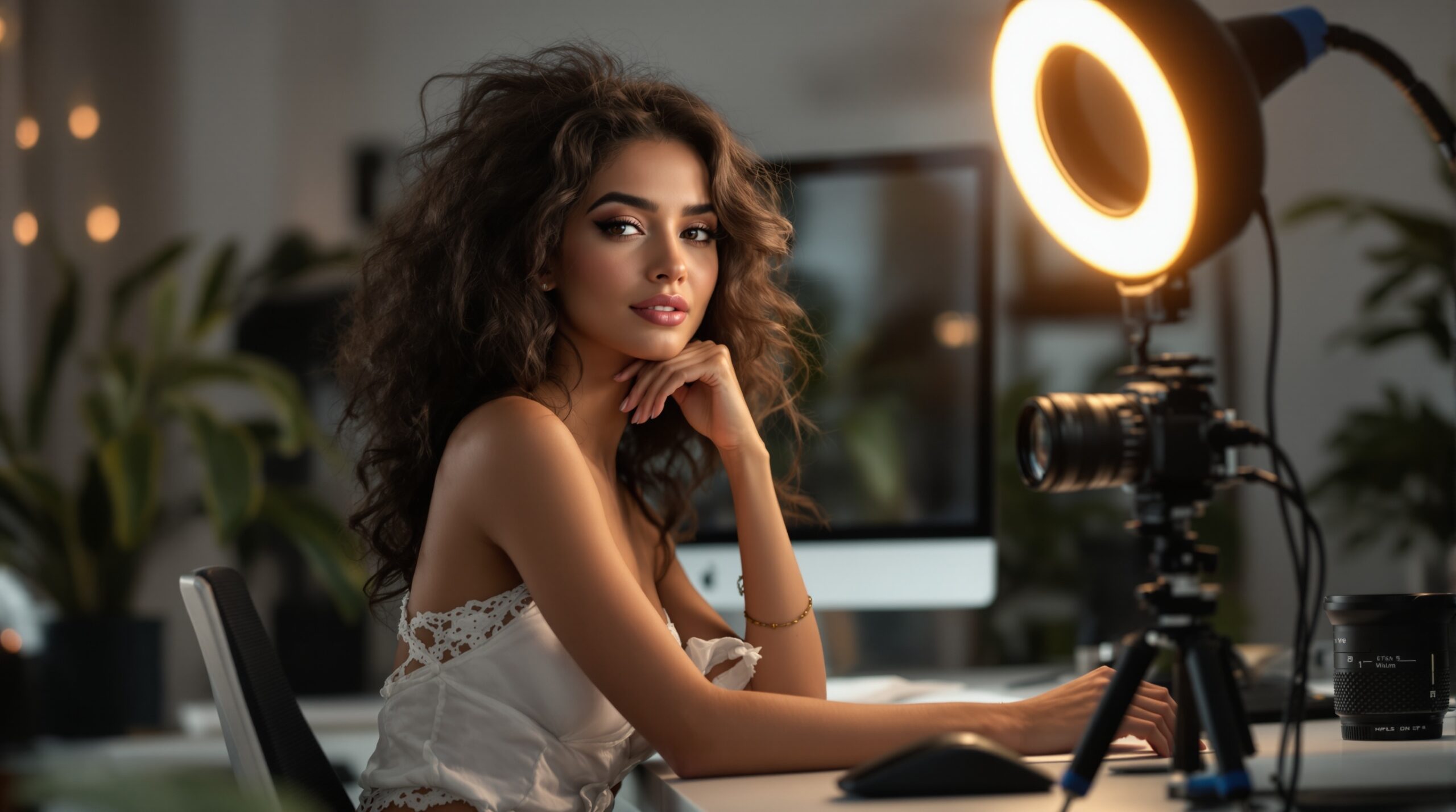 Creator workspace showing a cam model setup with monitor, camera, and streaming environment
