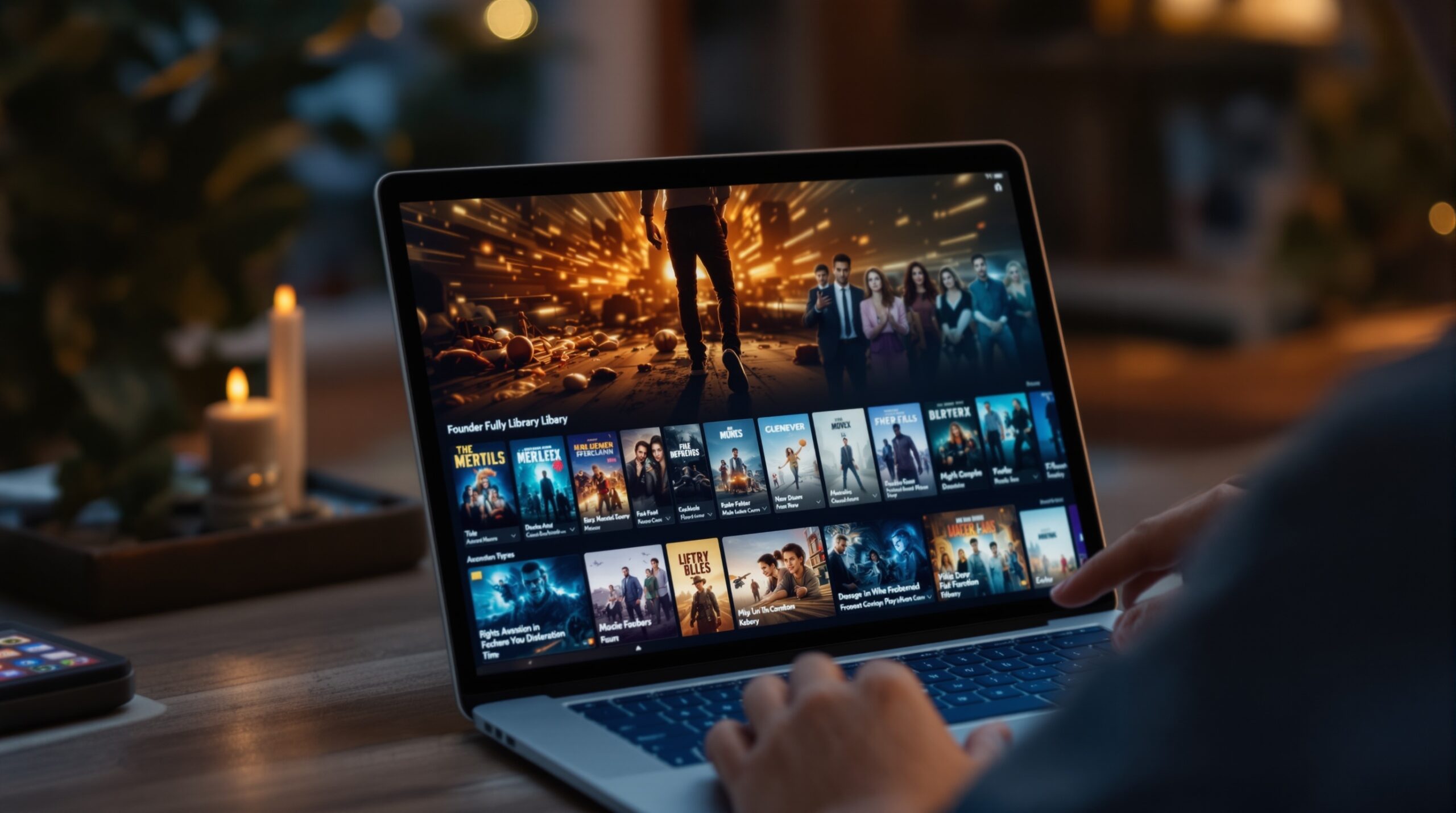 Streaming app interface with movie posters, categories, and title browsing for an on-demand film library