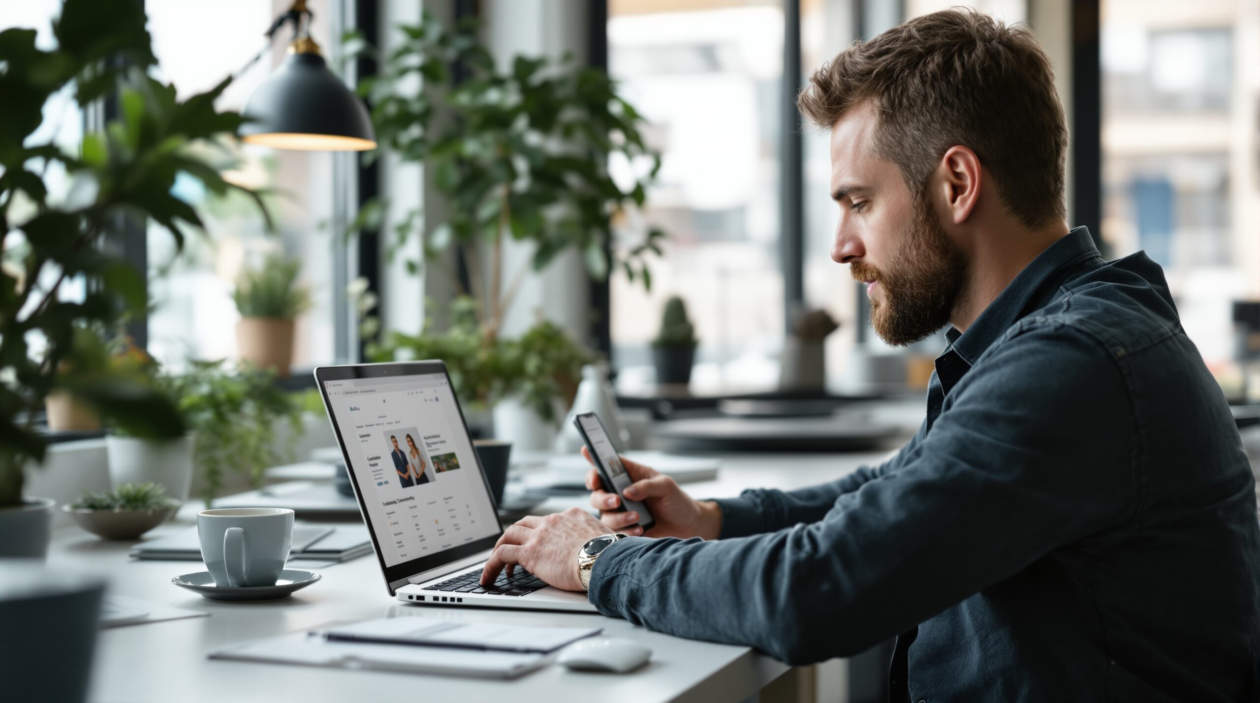 Operator planning an online community site in a bright home office with digital strategy visible on screen