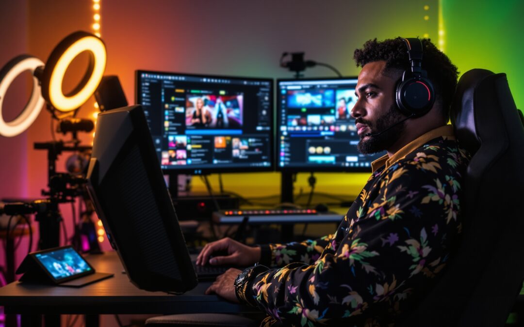 A streamer in a modern streaming setup comparing platform options and deciding where to move from Twitch