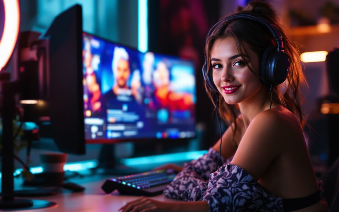 A live streamer in a modern streaming setup with multiple screens showing broadcast controls and ad management decisions