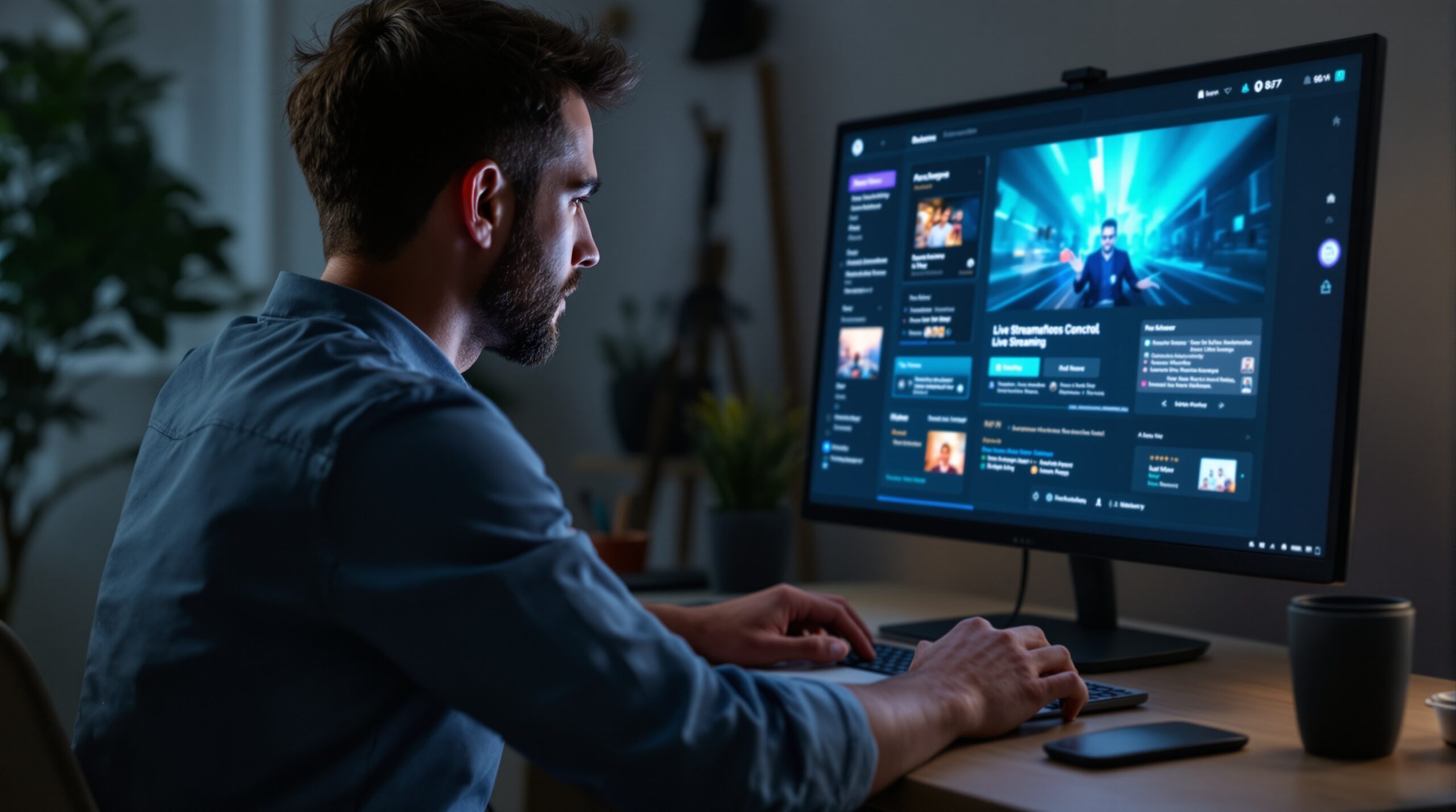 Laptop screen showing a live streaming website interface in a clean workspace