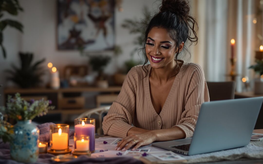A psychic website design concept on a laptop in a styled spiritual studio with warm lighting and premium branding