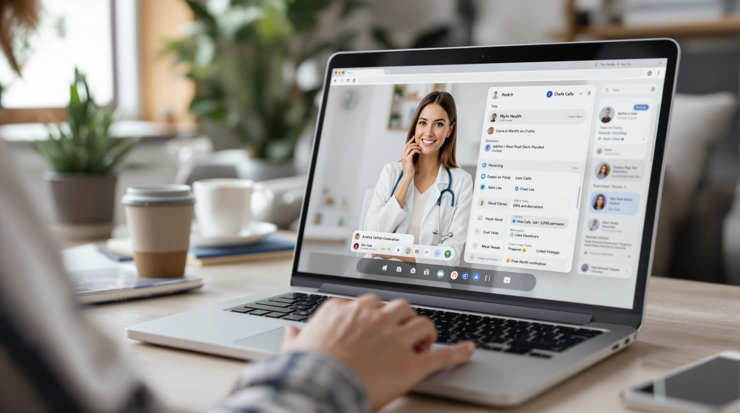 Telehealth laptop setup showing a private video consultation platform in a clean home-office setting