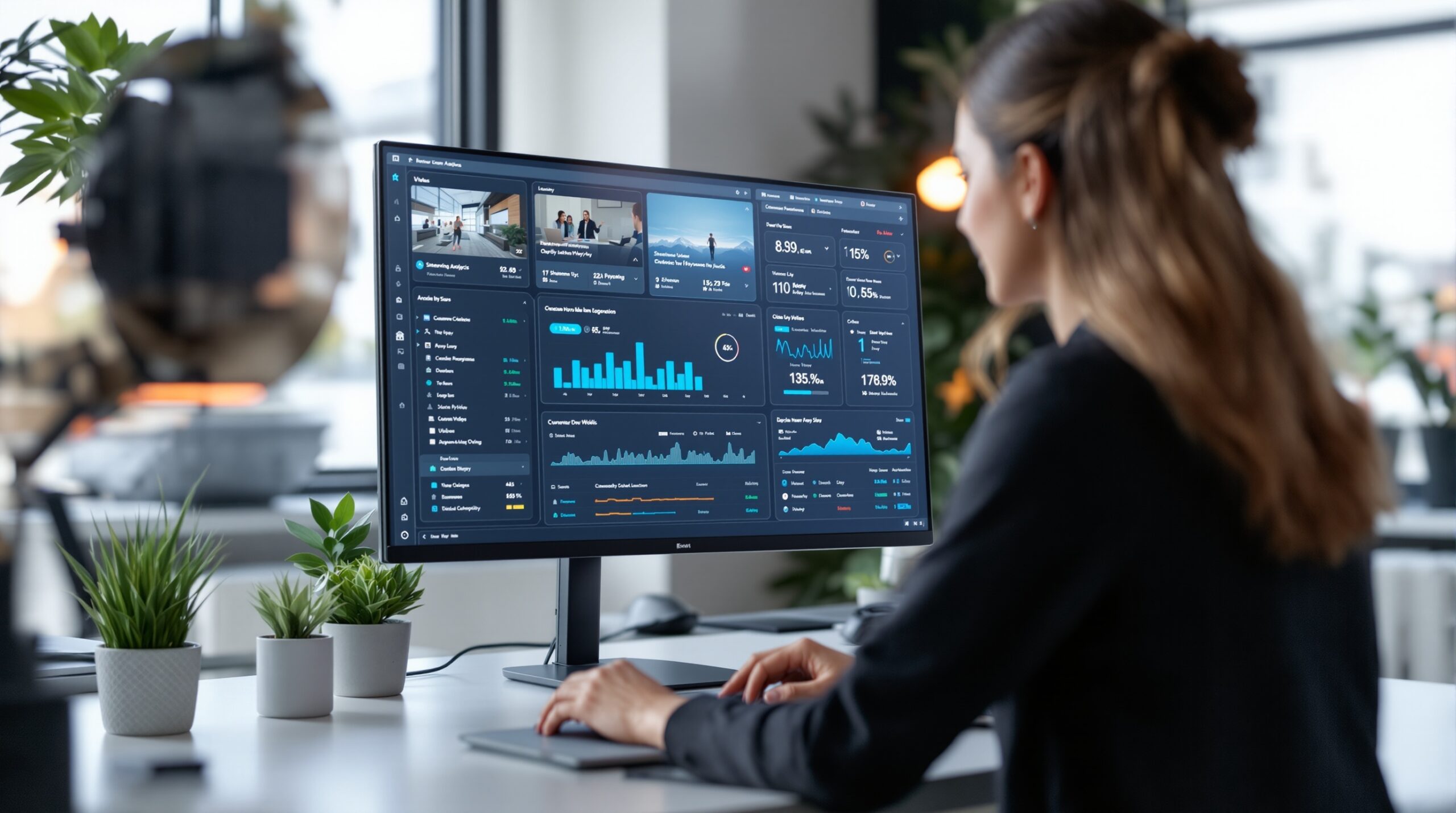 Streaming analytics dashboard on a monitor, showing playback performance metrics and quality optimization decisions