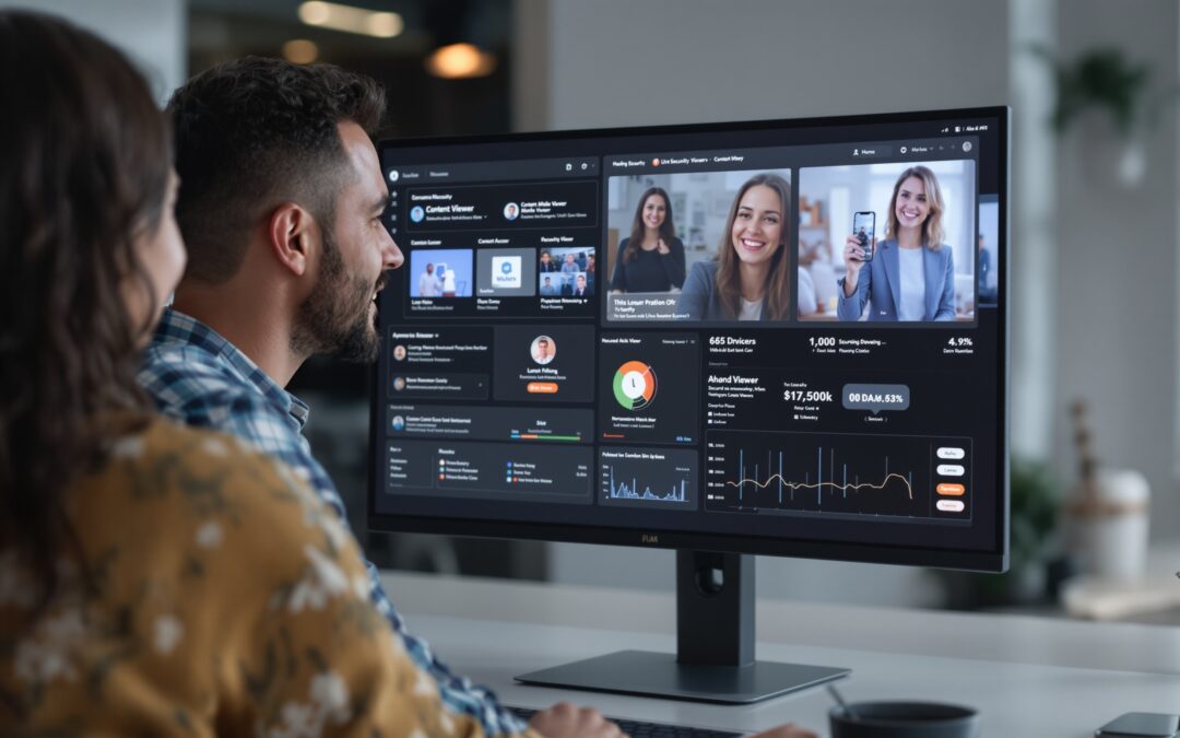 A live streaming security dashboard on a monitor showing access control and viewer protection for a premium OTT platform