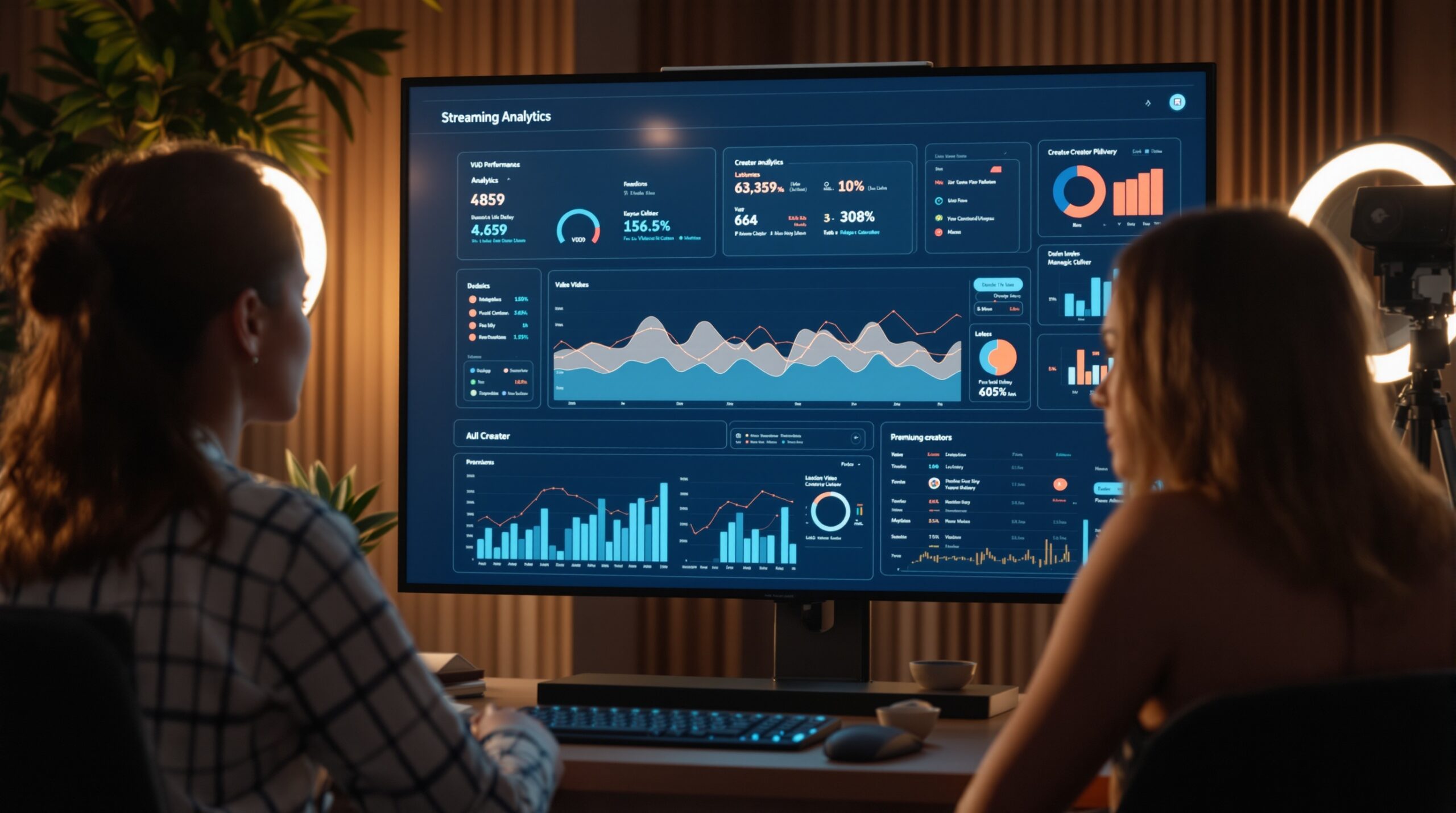 Analytics dashboard on a screen showing streaming performance metrics for video infrastructure monitoring