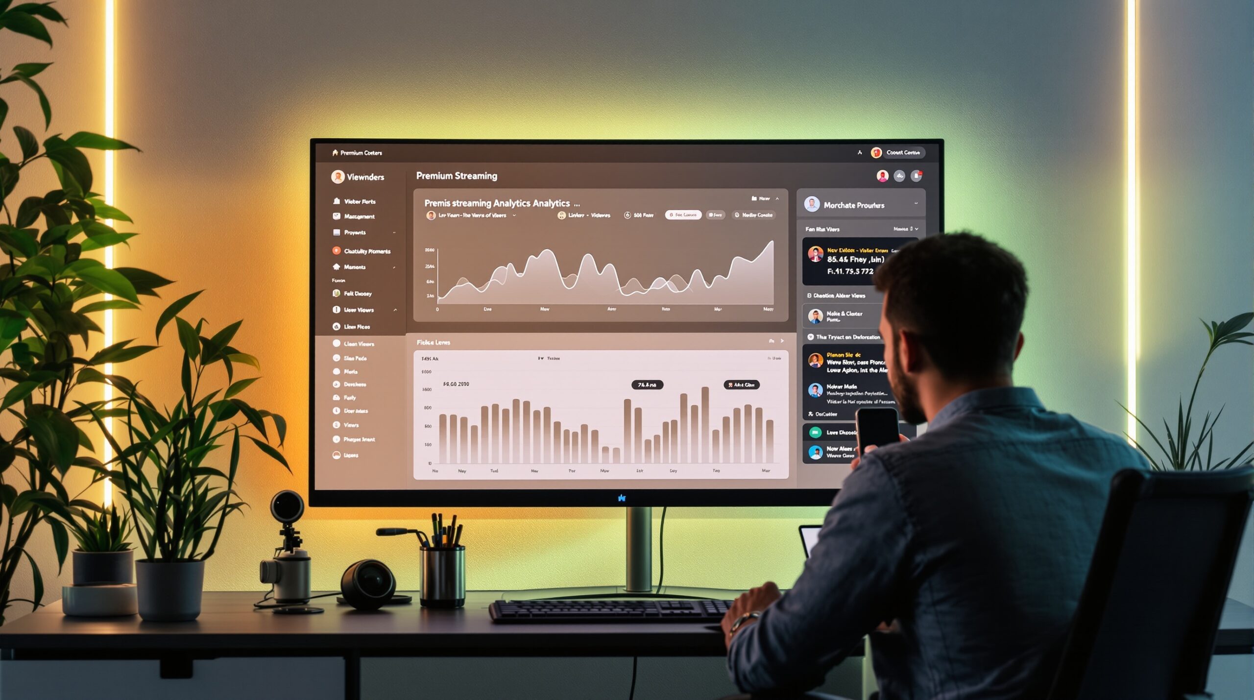 Real-time analytics dashboard for a streaming platform showing viewer activity and platform performance