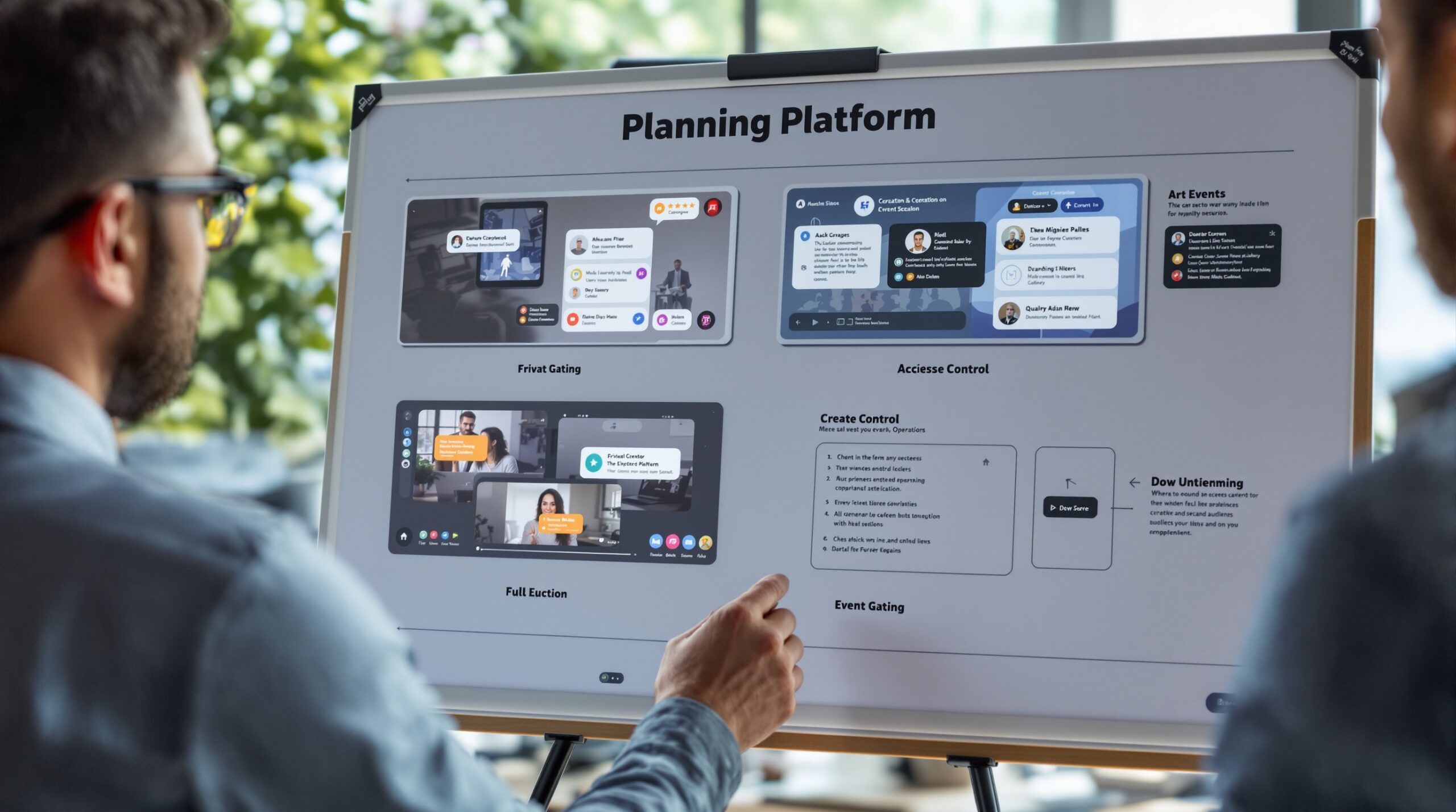 Four event scenarios on a planning board — private live streaming platform