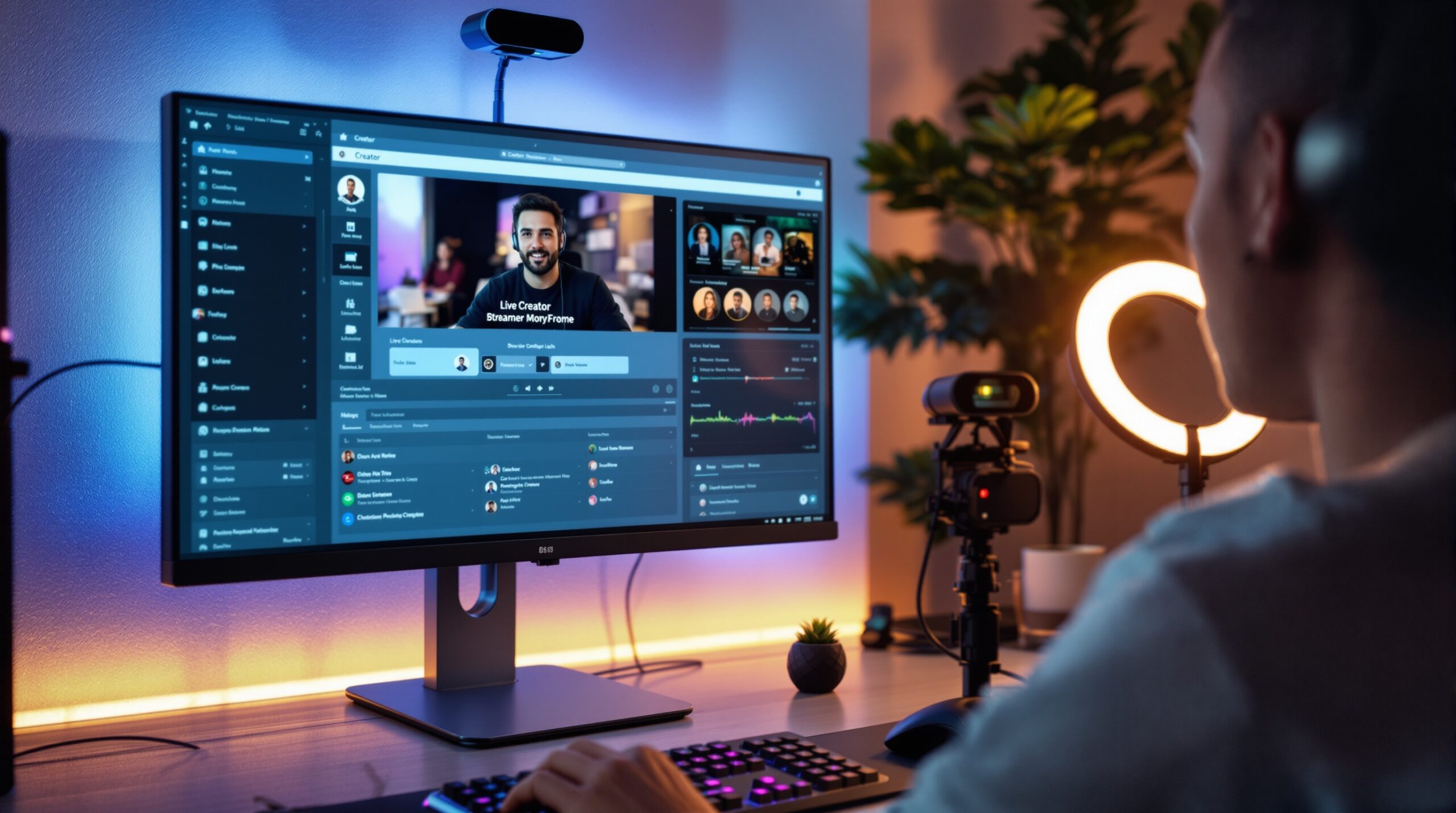 A streaming software interface open on a monitor, showing a live broadcast configuration screen