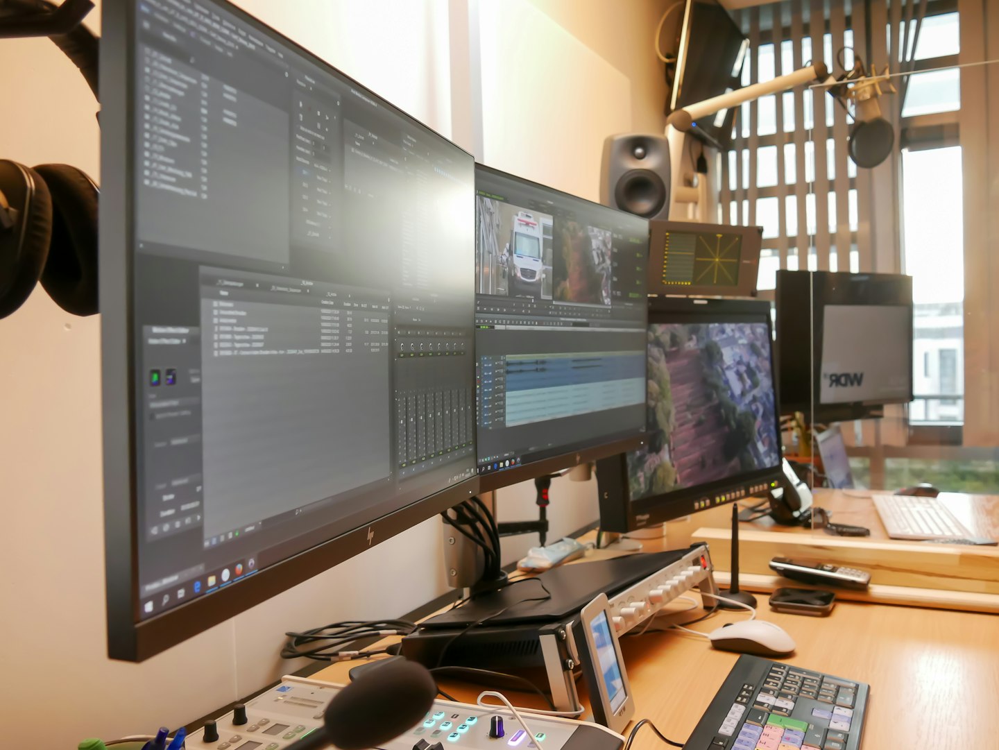 Streaming monitor displaying live video quality and bitrate performance in a production workspace