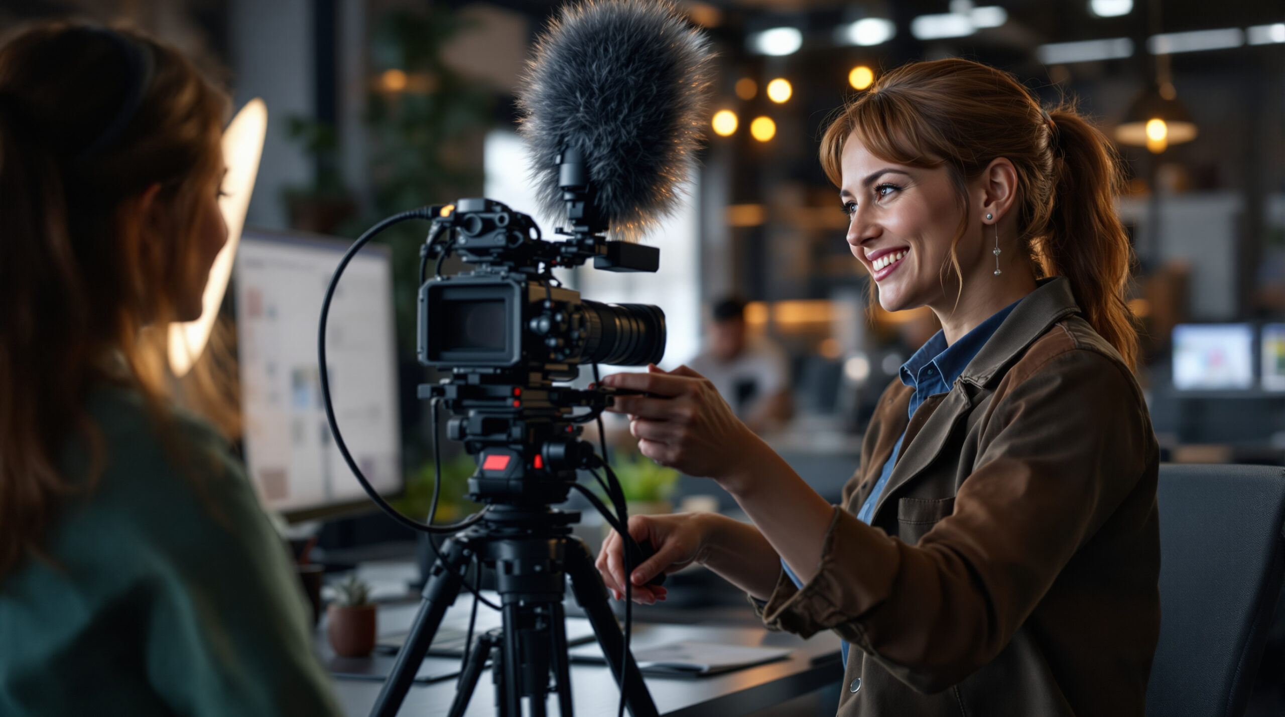 Operator checking a practical camera, microphone, lighting, and encoder setup