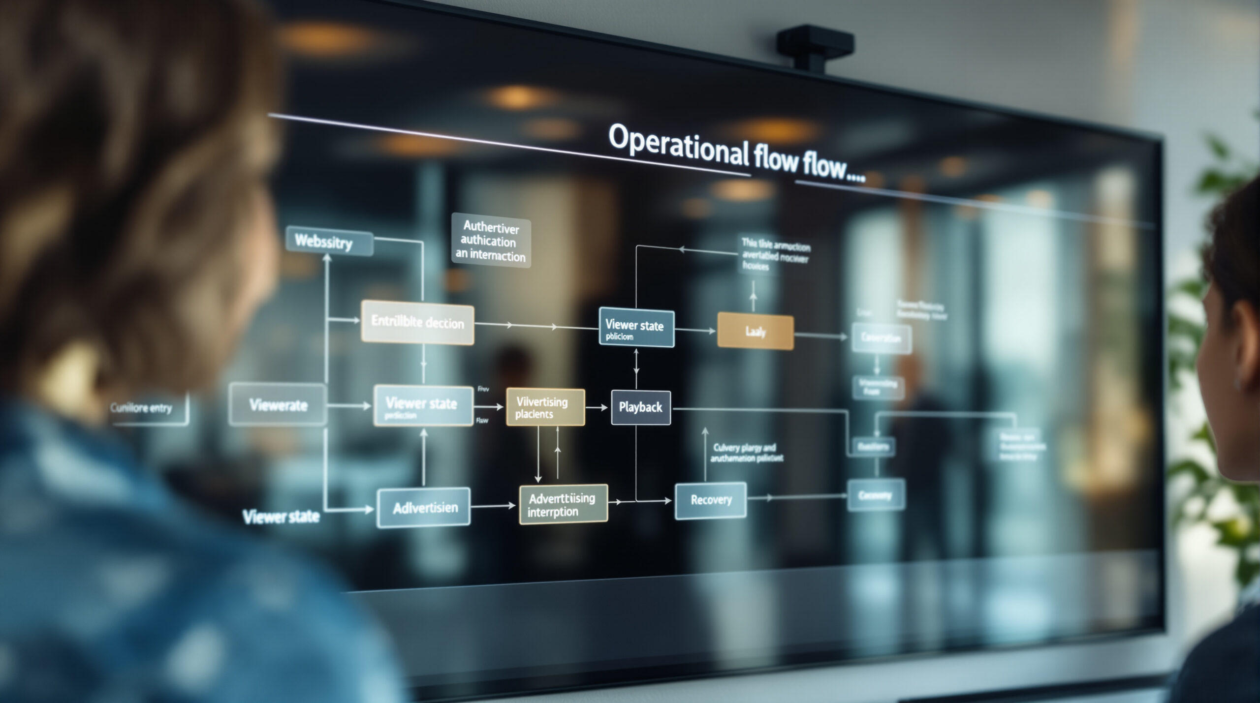Viewer-state flow from authorization and playback to advertising interruption and recovery