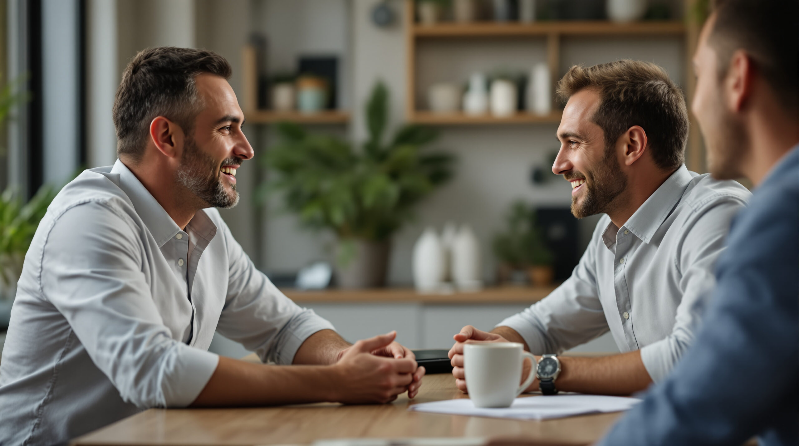 two men sitting at a table talking to each other