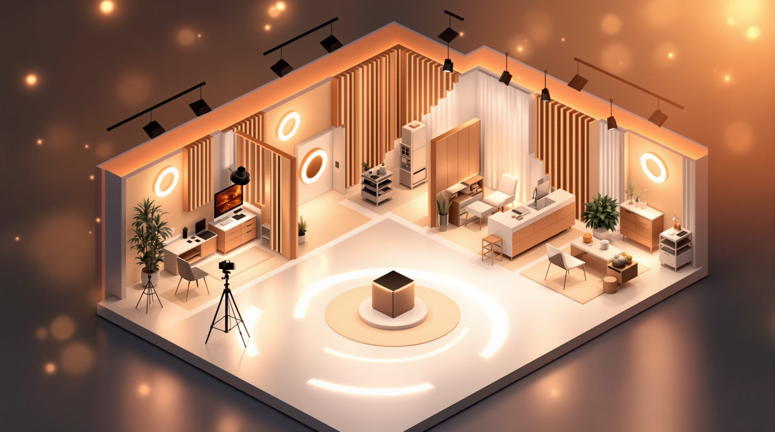 A floor plan shows separate webcam rooms with acoustic boundaries and isolated broadcast connections.