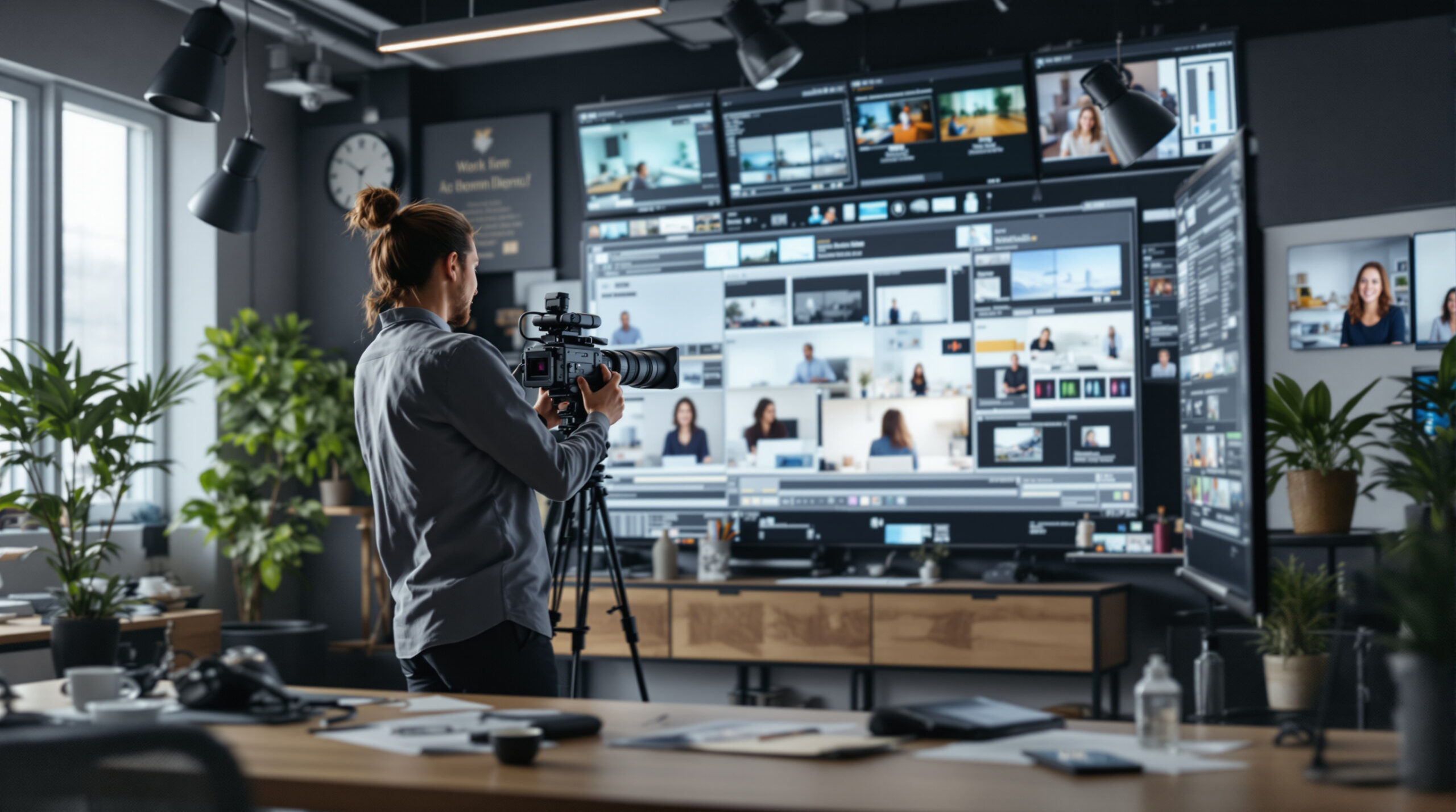 Creator inspecting a neutral streaming room for identifying details