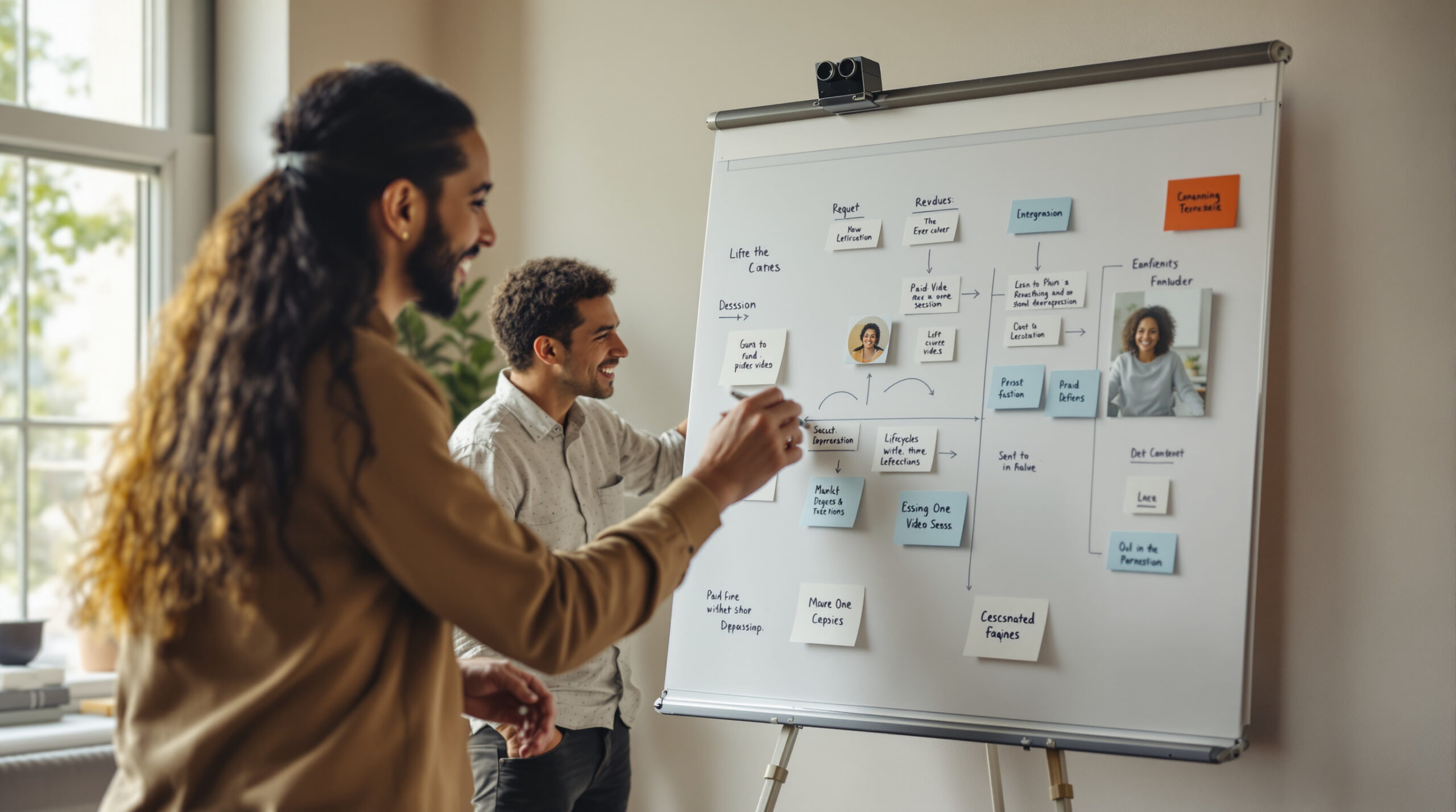 Founder mapping the lifecycle of a paid one-to-one video session on a workshop board