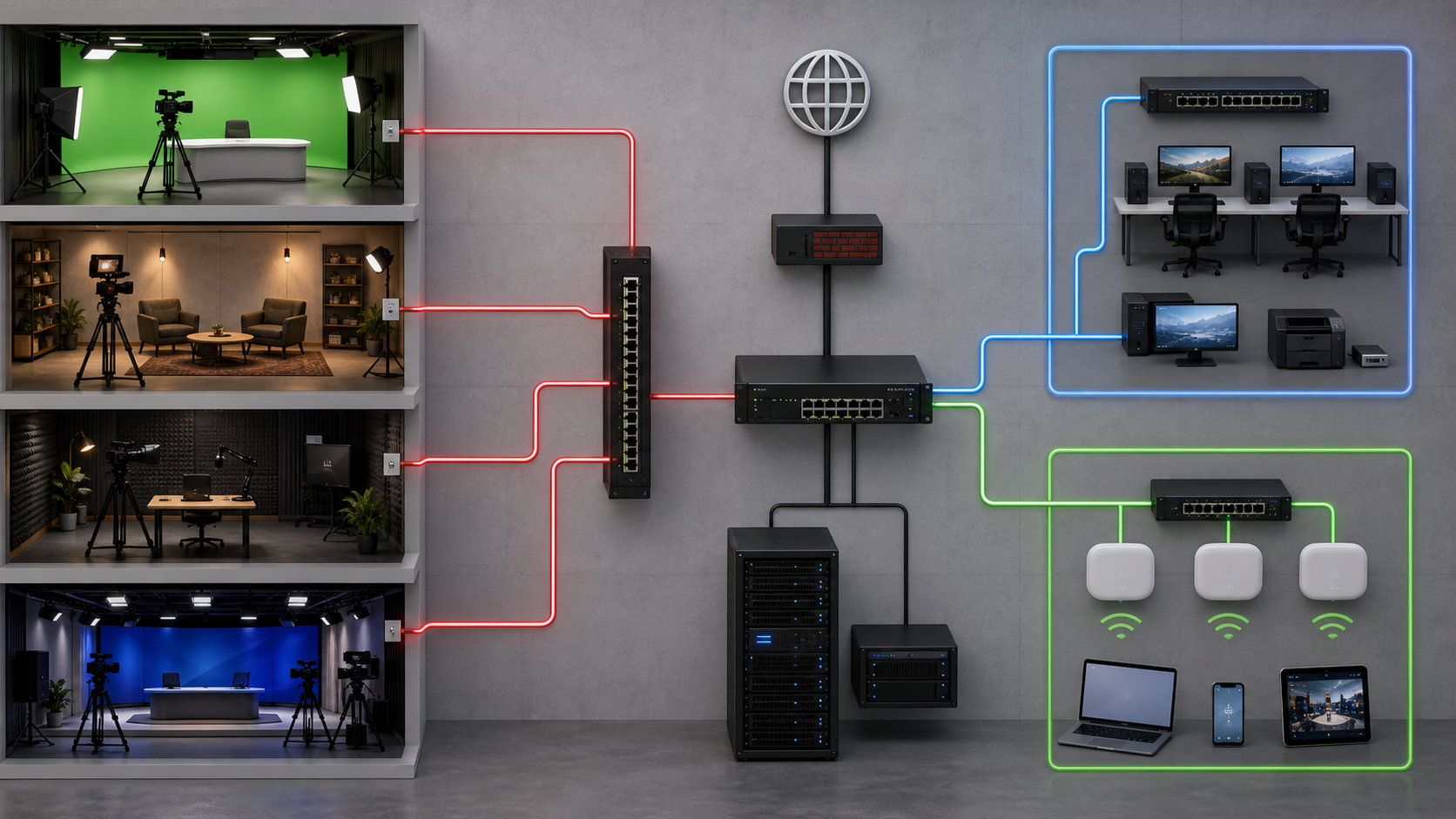 A network diagram separates performer streams from management and guest traffic.
