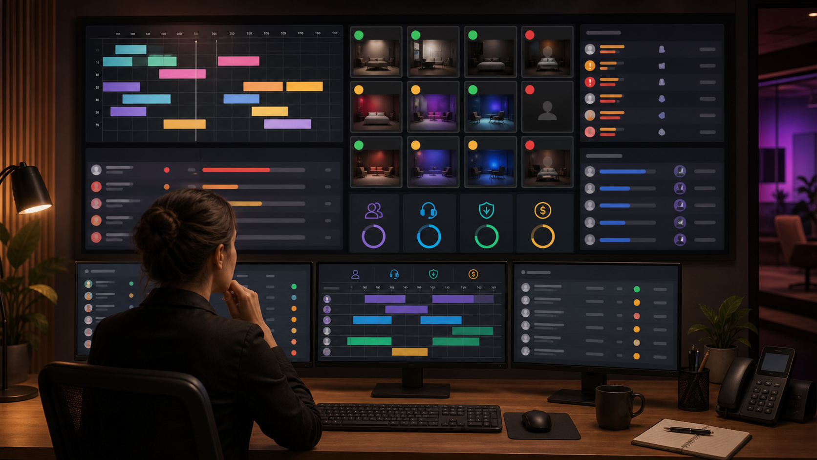 An operations screen shows room schedules, live statuses, escalations, and payout records.