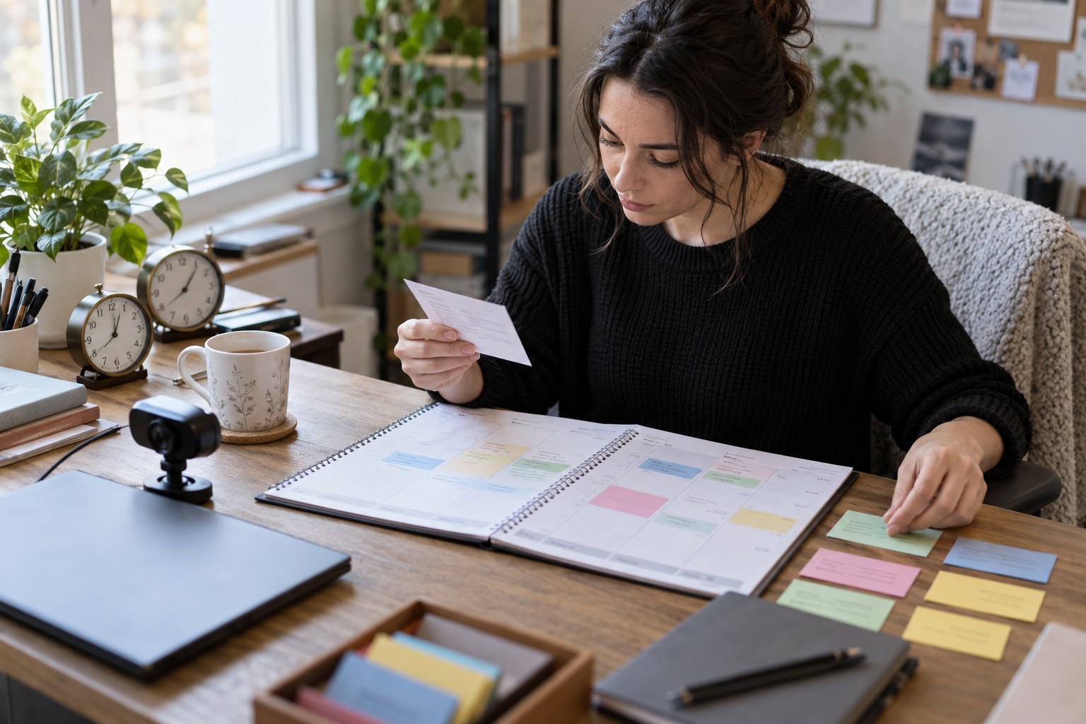 Operations specialist reviewing a private-session request beside a paper calendar
