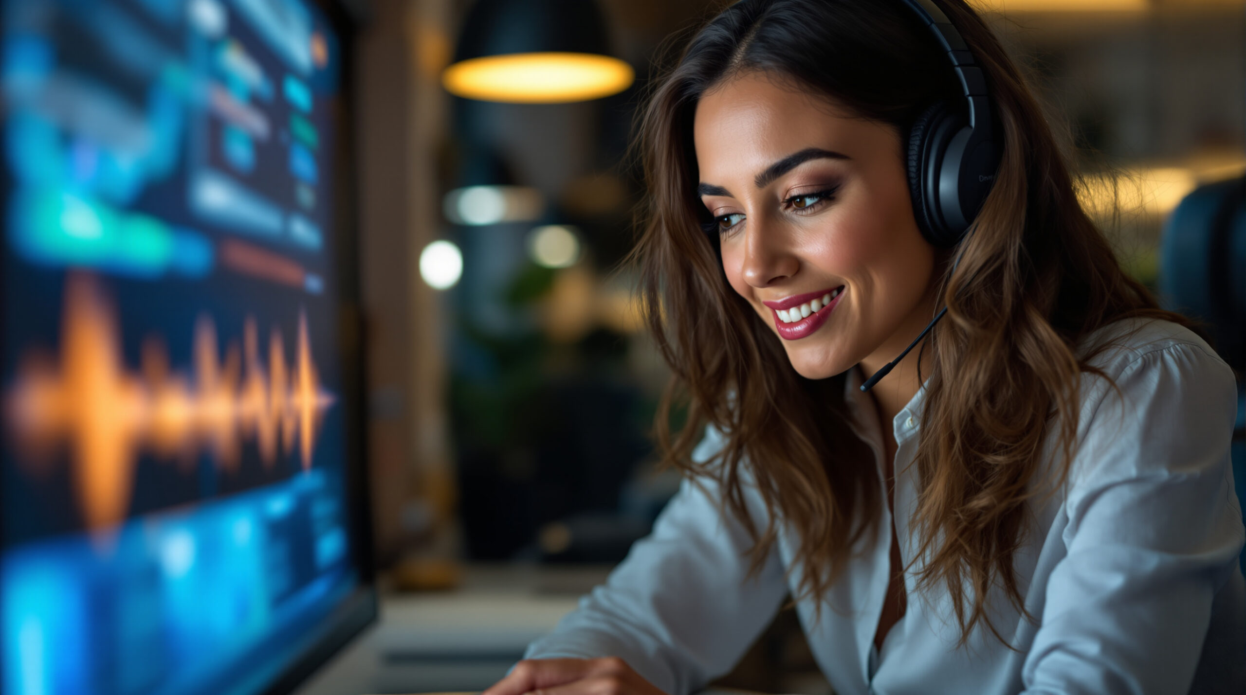 Streaming operator listening closely to a recorded audio test in a quiet workspace