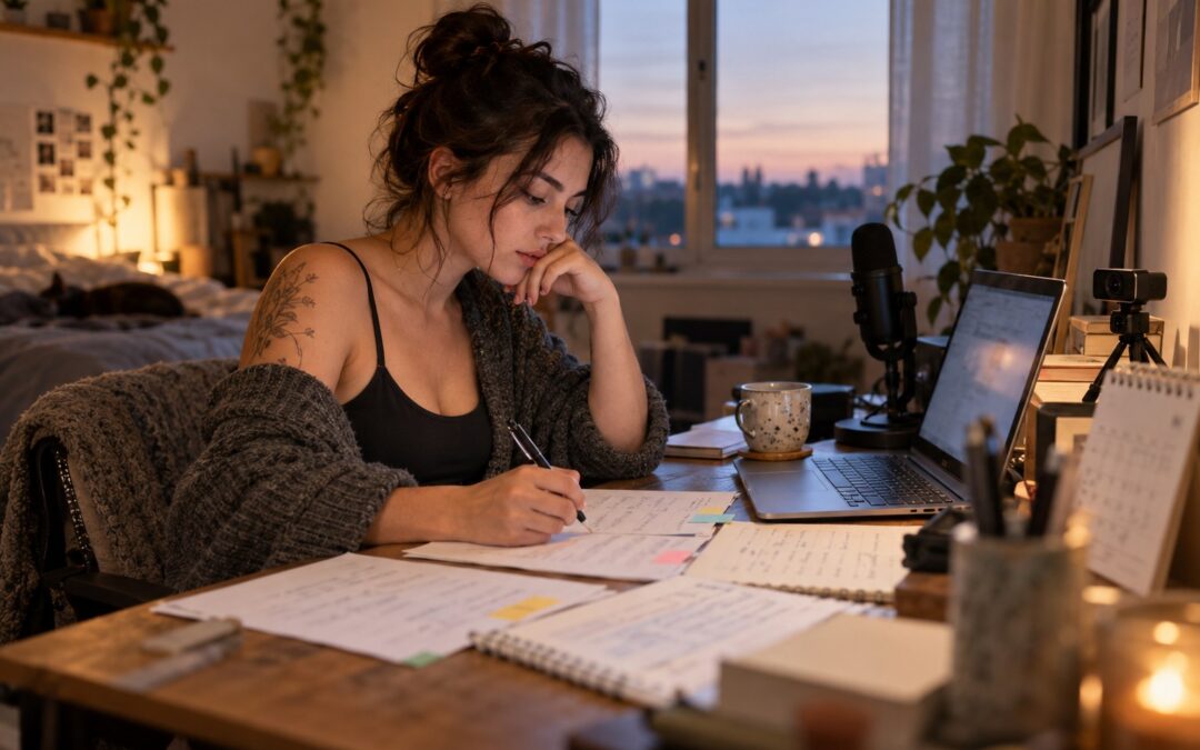 Creator assessing camming costs and privacy at a home studio desk