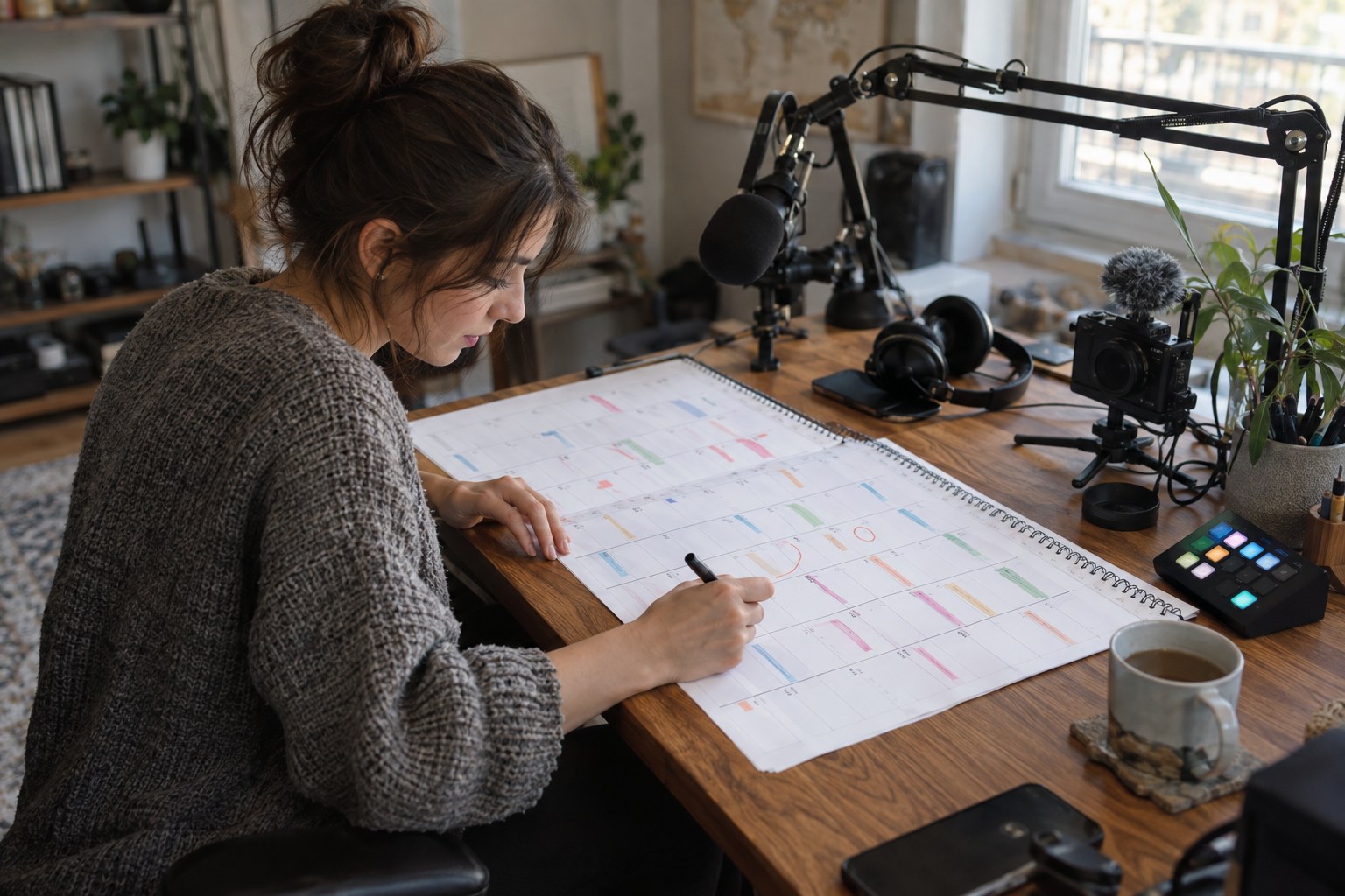 Creator marking a six-week schedule beside streaming equipment