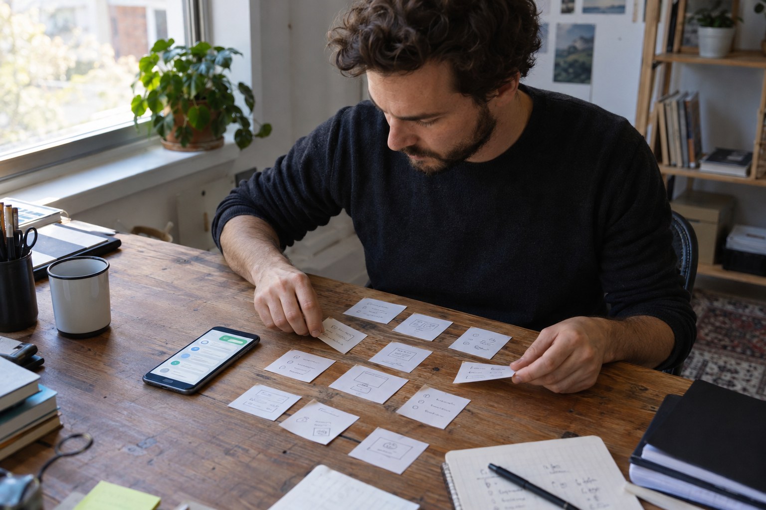 Founder sorting Android app requirements beside a phone prototype