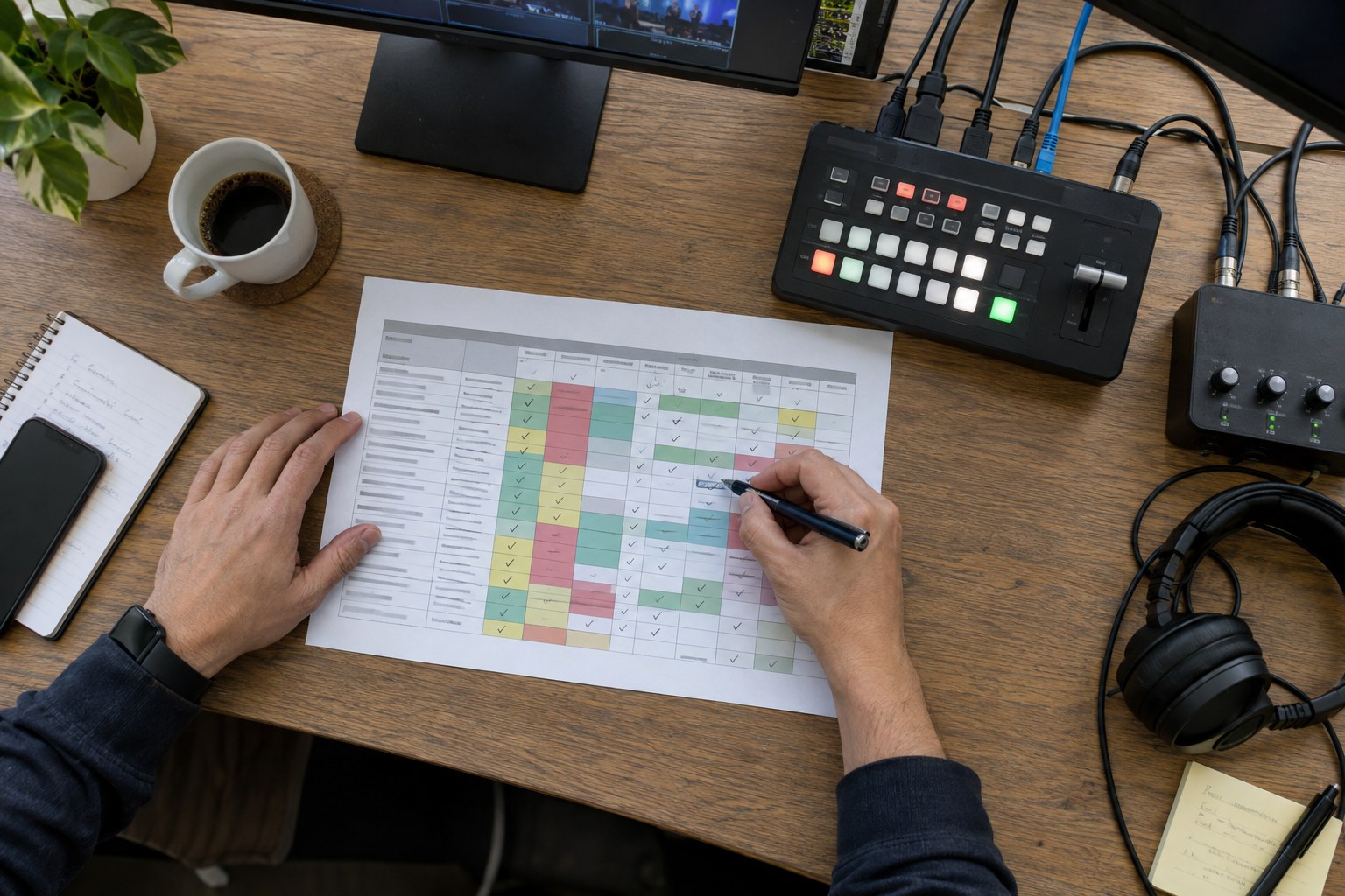 Migration control matrix being reviewed beside streaming hardware