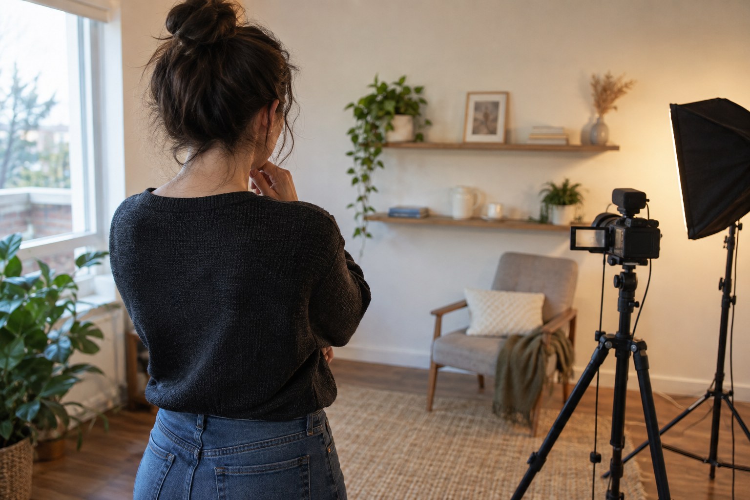Creator inspecting a neutral camera background before streaming