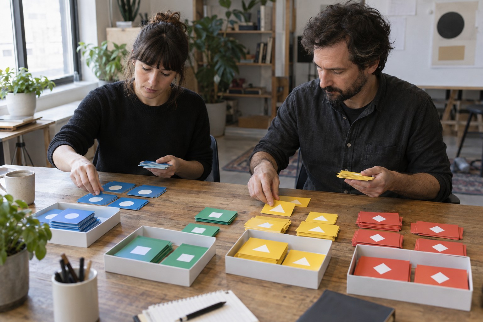 Founder and architect sorting account types on a worktable