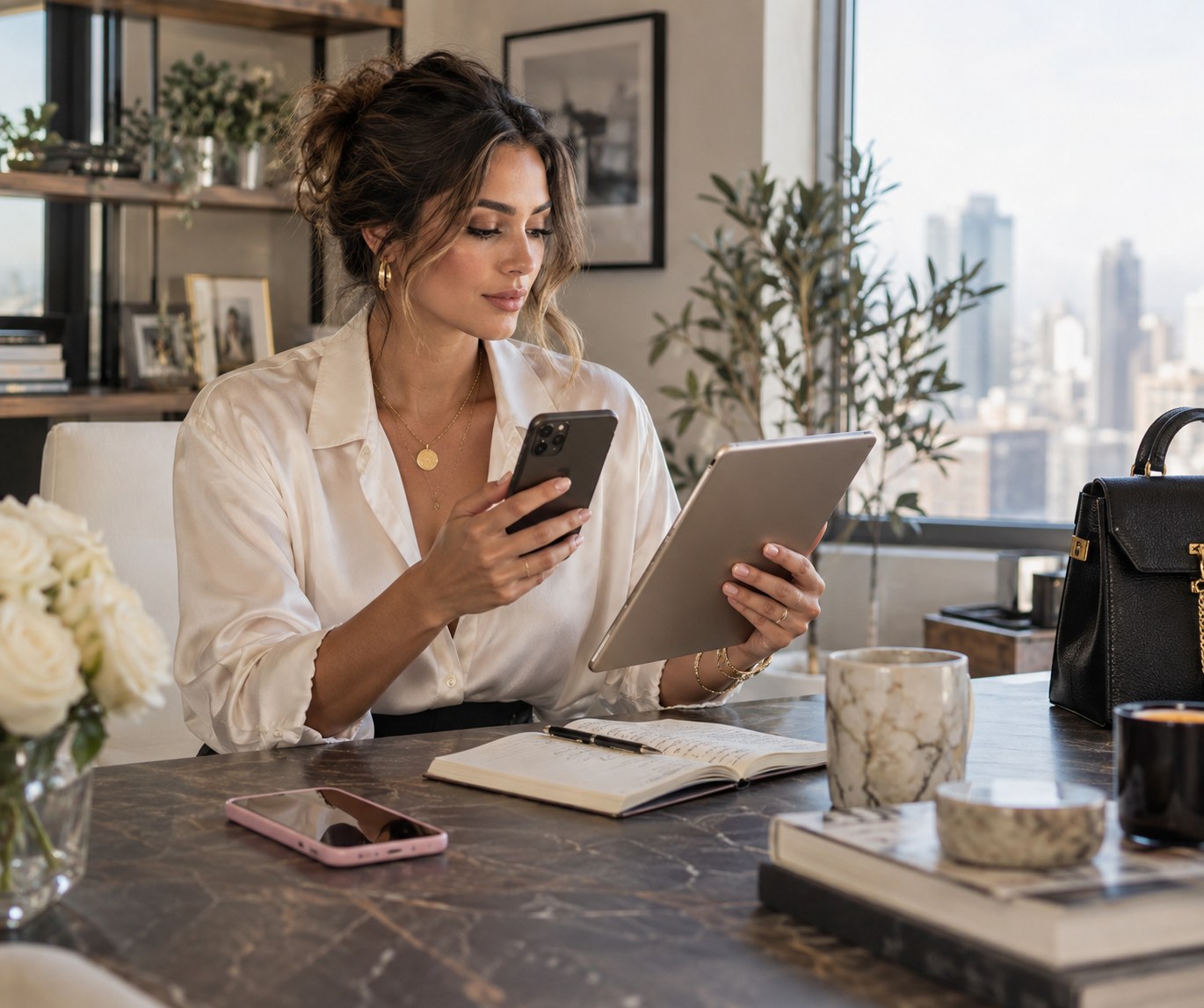 Creator checking separate work and personal devices at a desk