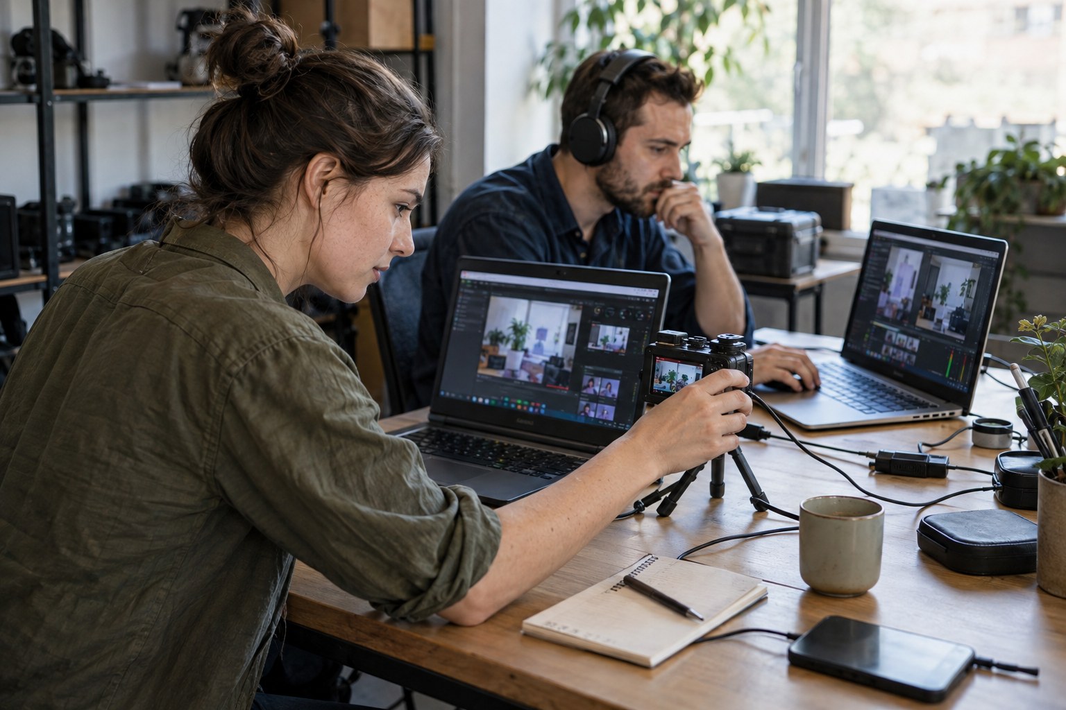 Engineers running simultaneous streaming tests on separate devices