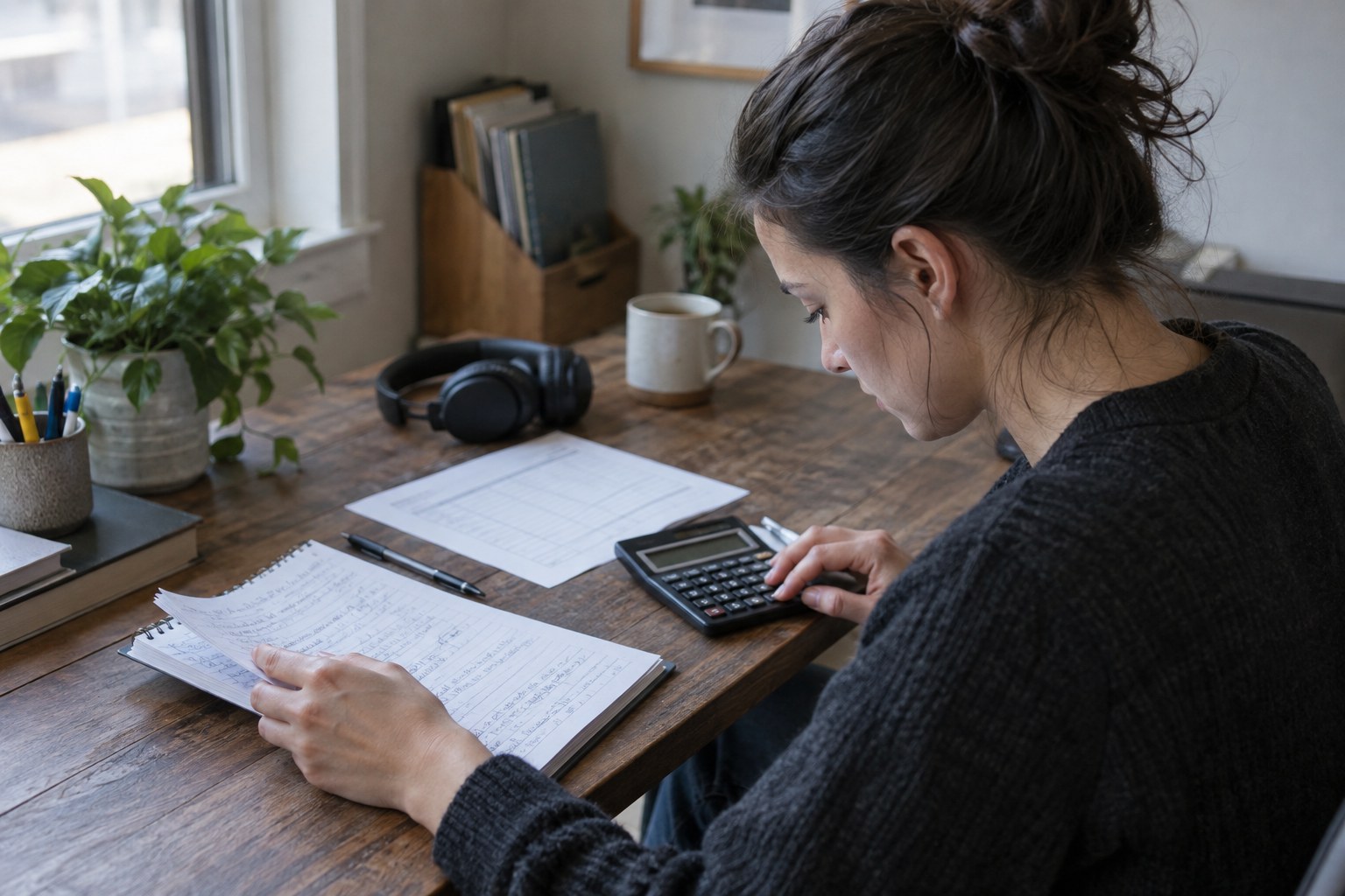 Finance specialist calculating a private-show settlement from session notes
