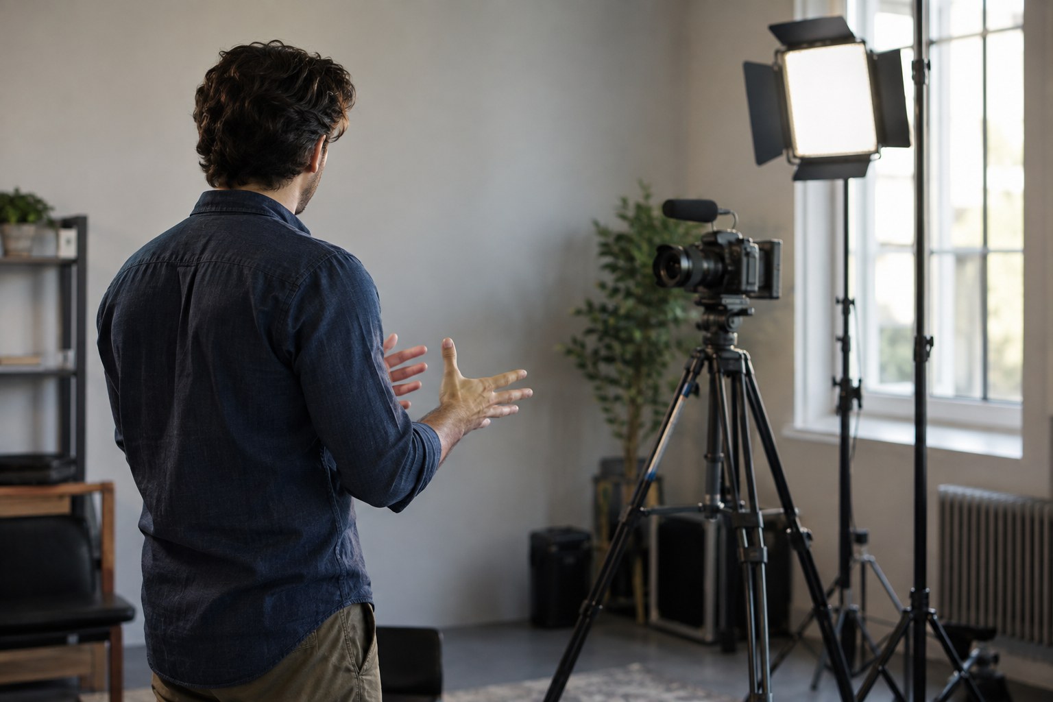 Faceless performer rehearsing gestures in front of a camera