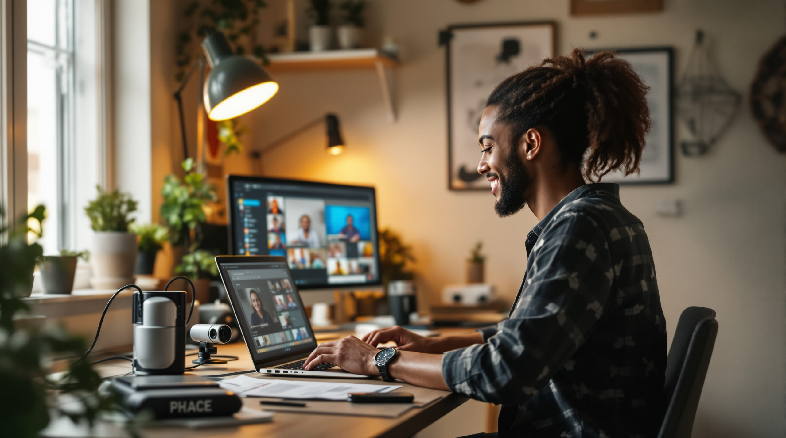 Creator checking a wired laptop and webcam before a live session
