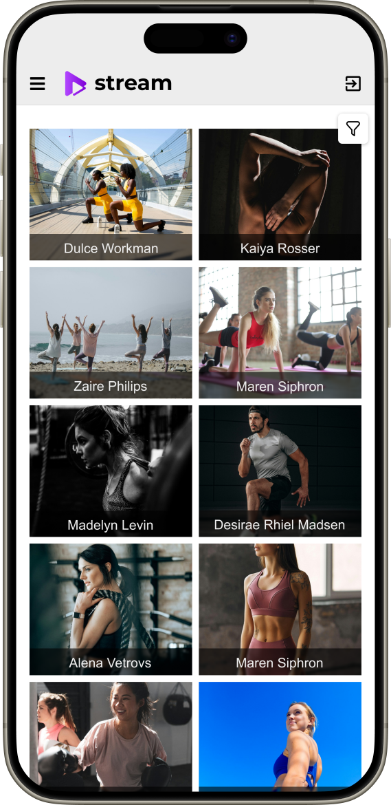Branded live video gallery inside the client website on mobile