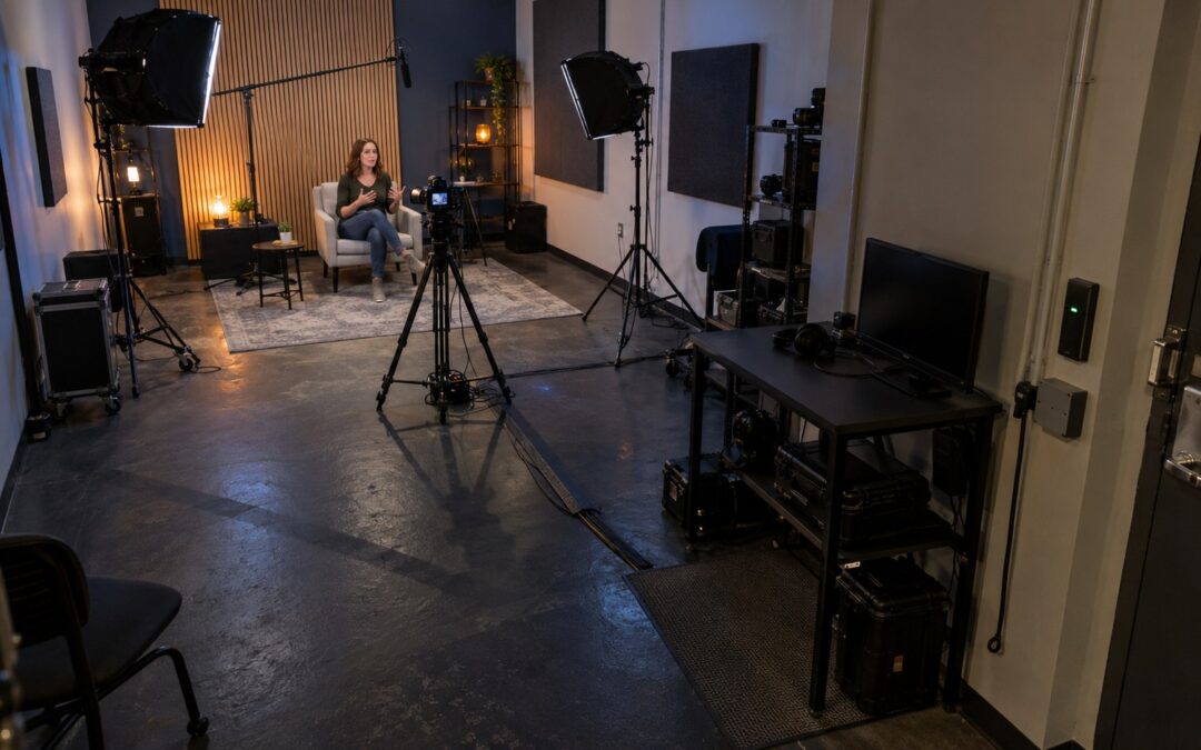 Wide view of an evening livestream studio with a host on a lit set, camera, boom microphone, acoustic panels.
