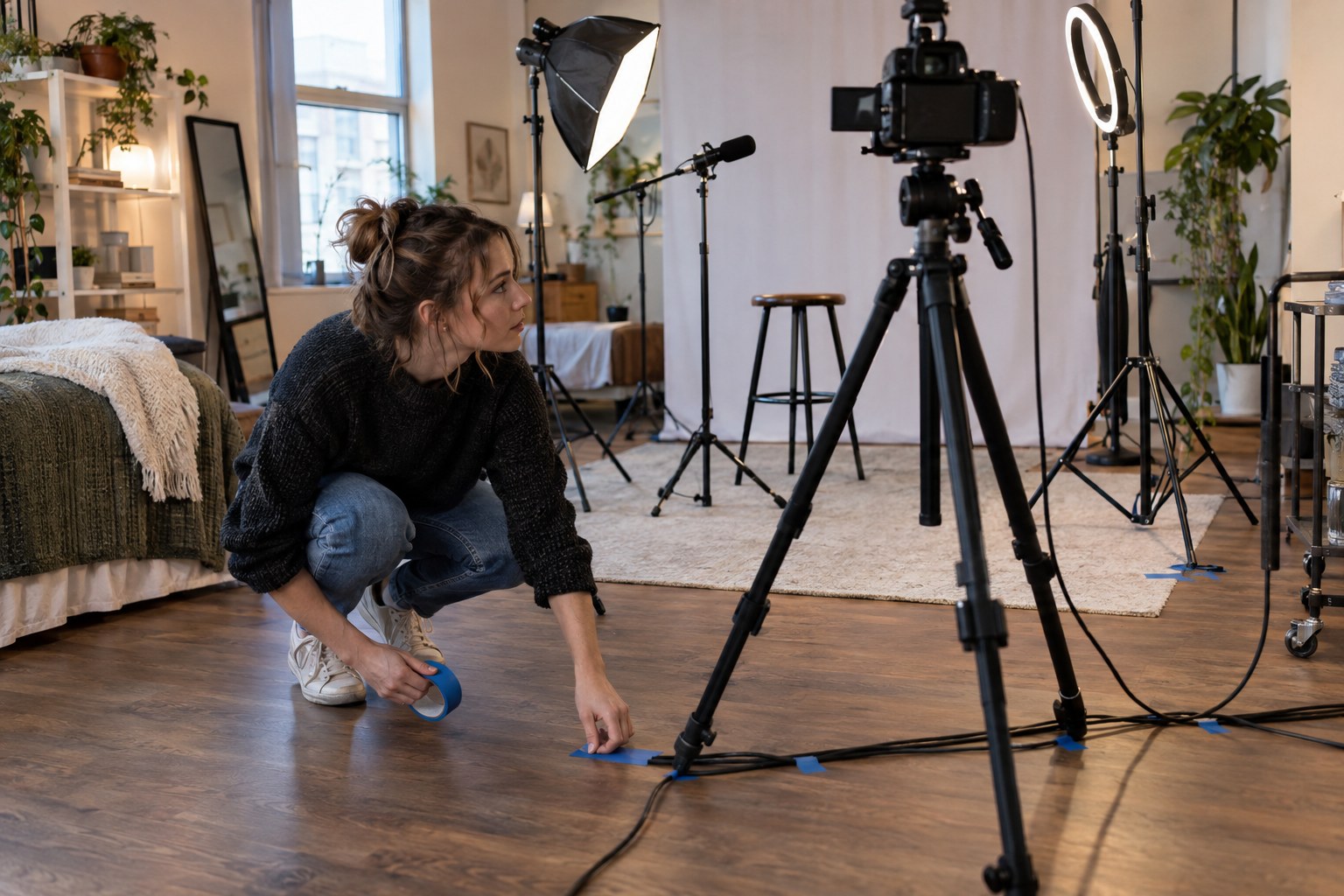 Creator marking equipment positions around a live-video set