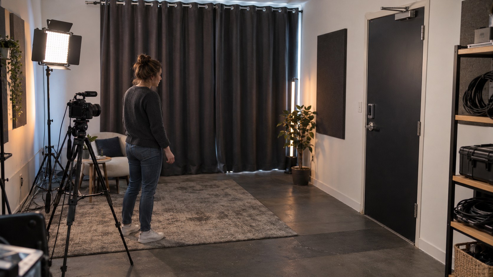 Wide view of a quiet streaming studio with powered lights, an inactive camera, drawn privacy curtains.