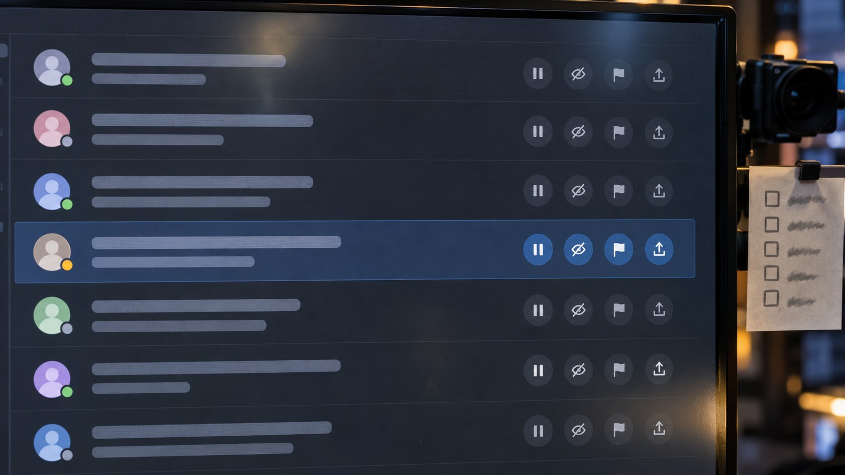 Close frontal view of an unbranded live-chat moderation queue on a studio monitor.