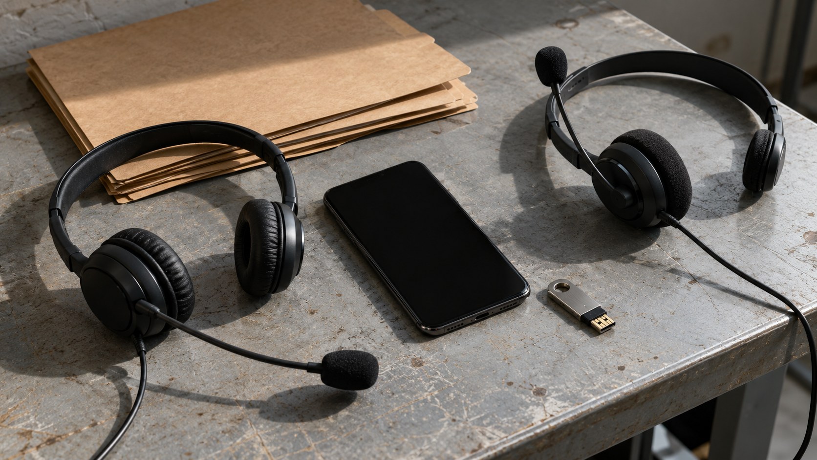 Two wired support headsets, a dark-screen smartphone, a USB security key and unmarked kraft folders on a worn workbench in strong daylight.