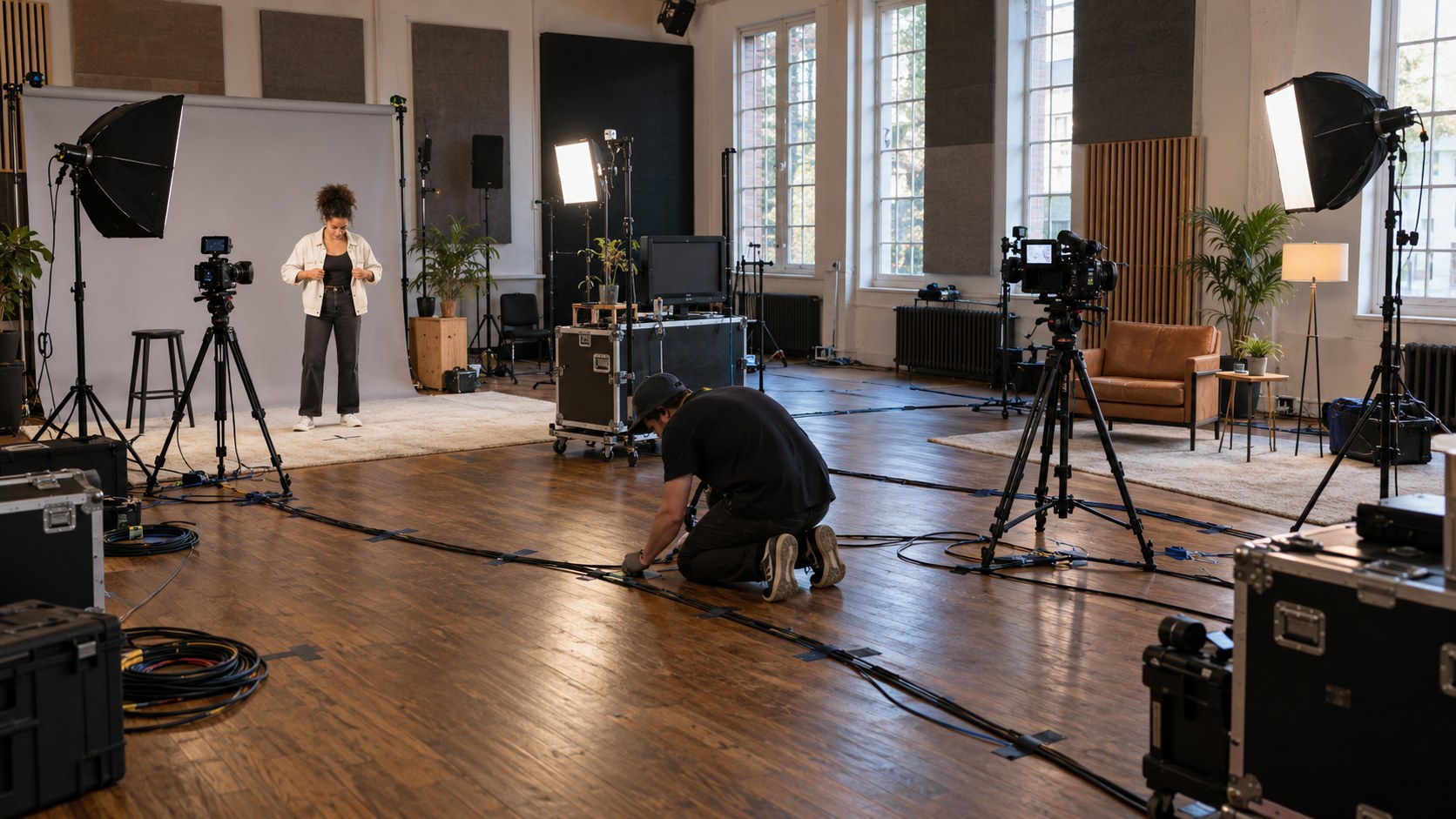 Wide converted rehearsal studio with two camera-and-light zones, a creator preparing by a backdrop, and an assistant securing cables across the floor.